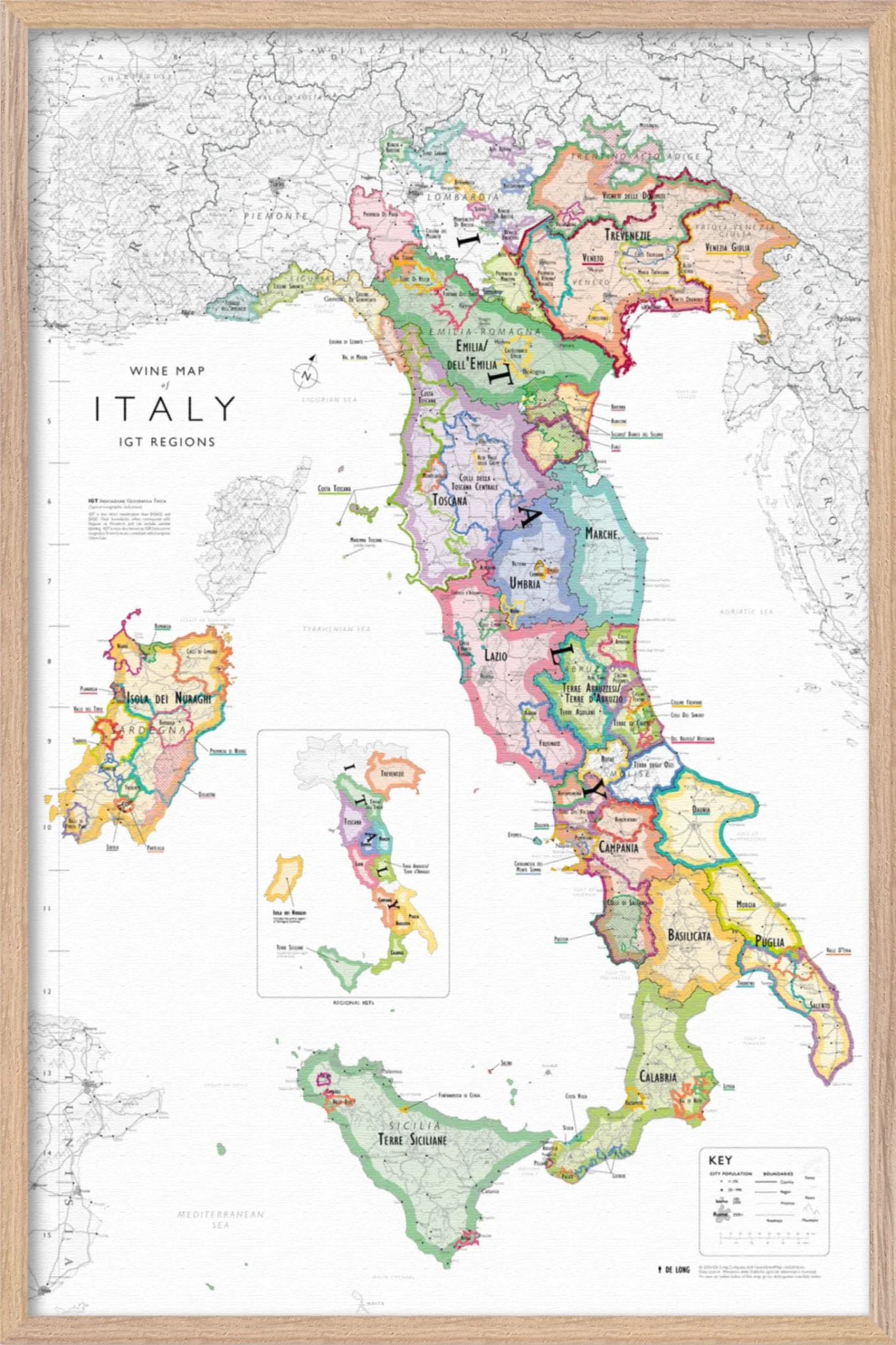 De Long Wine Map of Italy IGTs Framed, with colorful regions, labeled names, and a key in the bottom right corner.