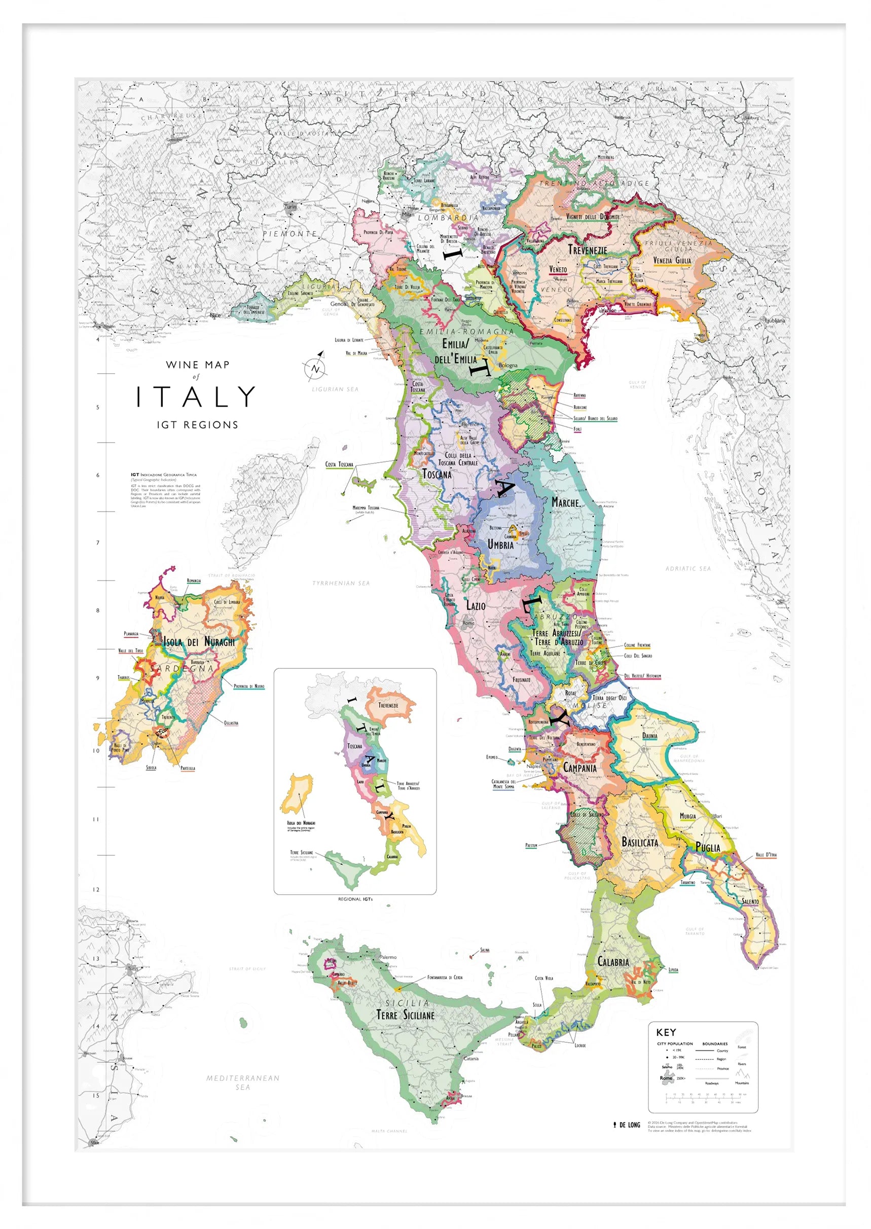 De Long Wine Map of Italy IGTs Framed features colorful regions, clear labels, borders, and a key in the lower right.