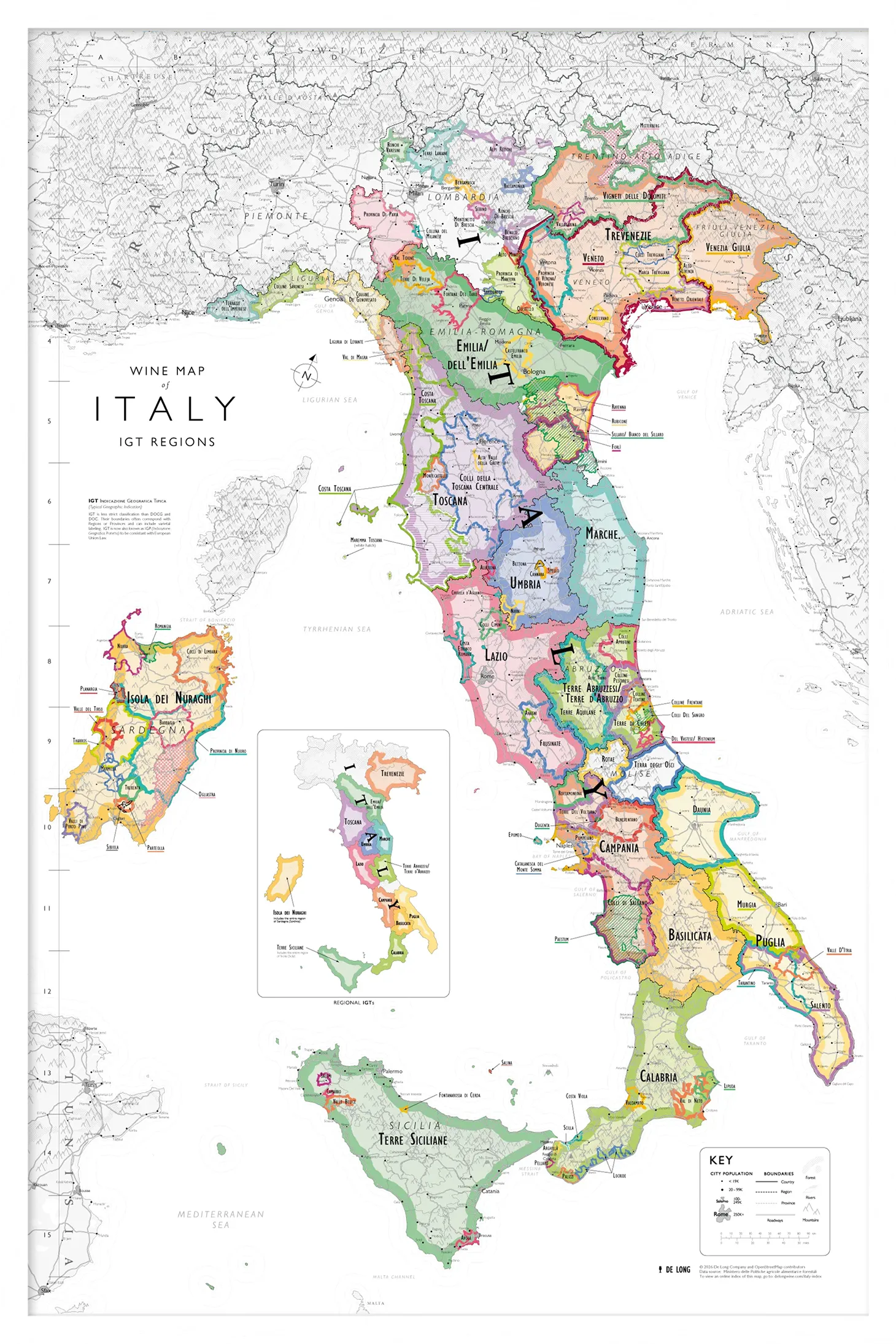 De Long’s Wine Map of Italy IGTs Framed displays colorful IGT regions with labeled names and boundaries.