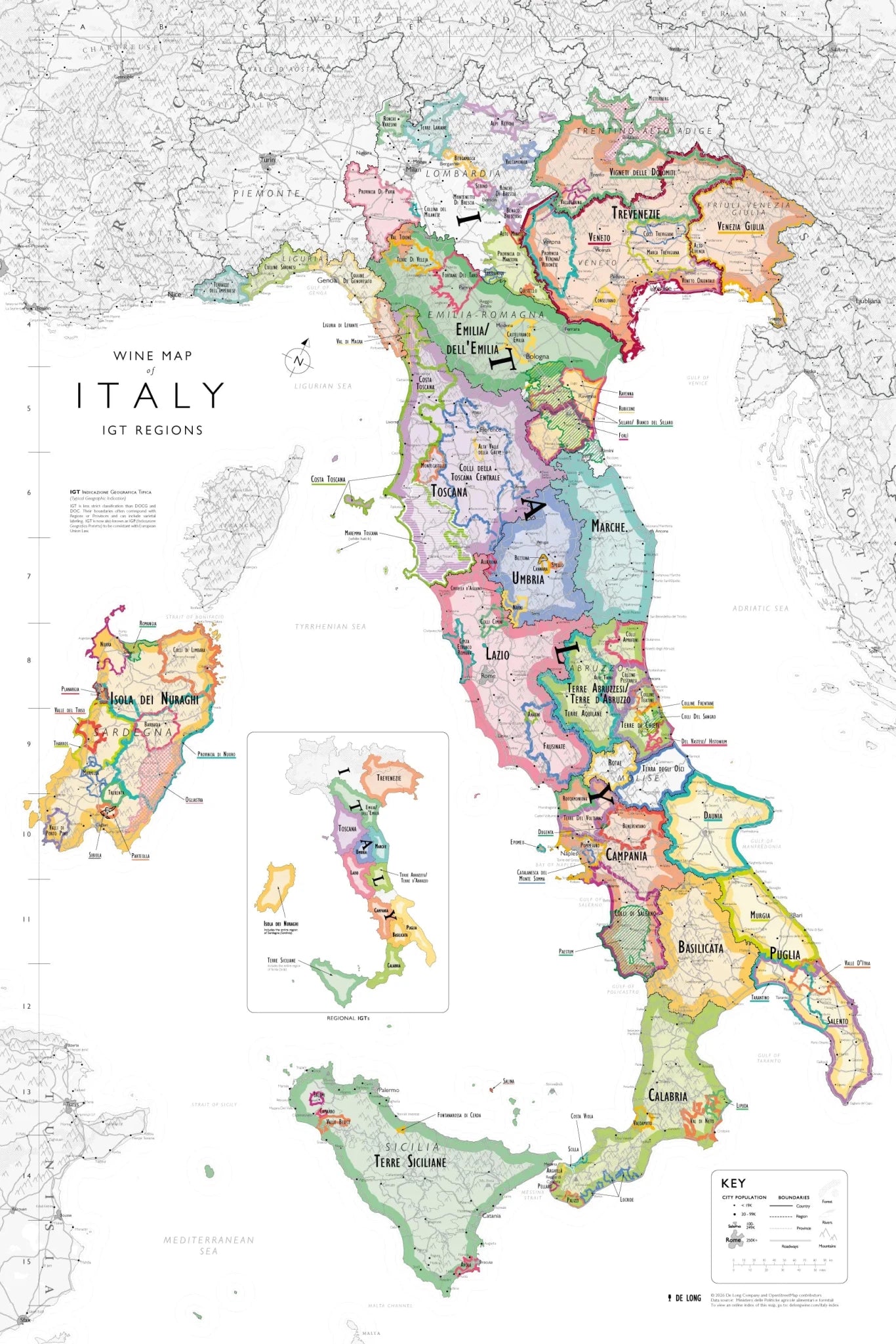 De Long’s Wine Maps of the World shows Italy’s IGT regions in vivid colors on premium matte paper with clear labels.