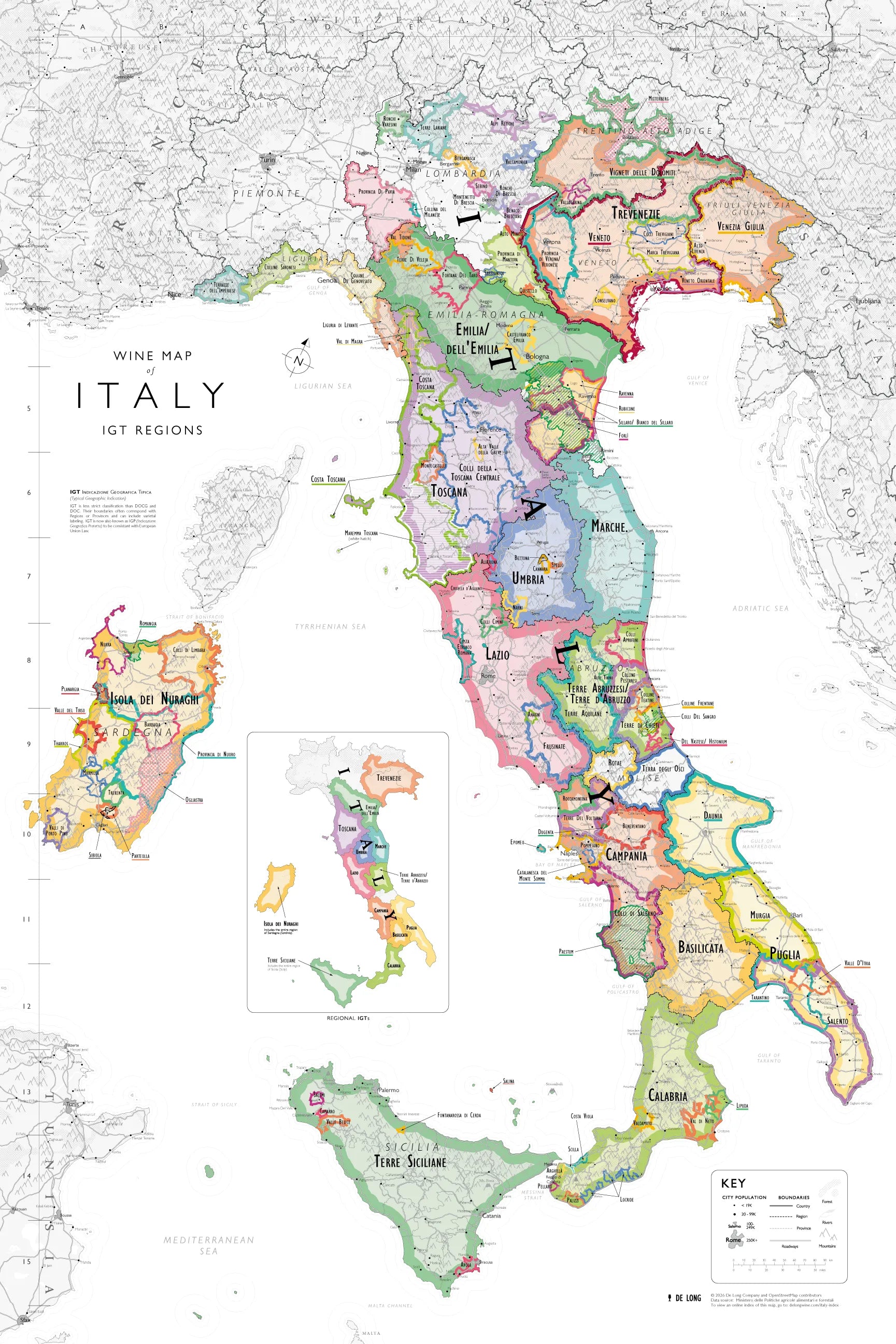 The Wine Map of Italy IGTs - Art Print is an extra large, vibrant map featuring IGT wine regions with borders, names, a clear region key, overlaps marked, and inset maps of the islands.