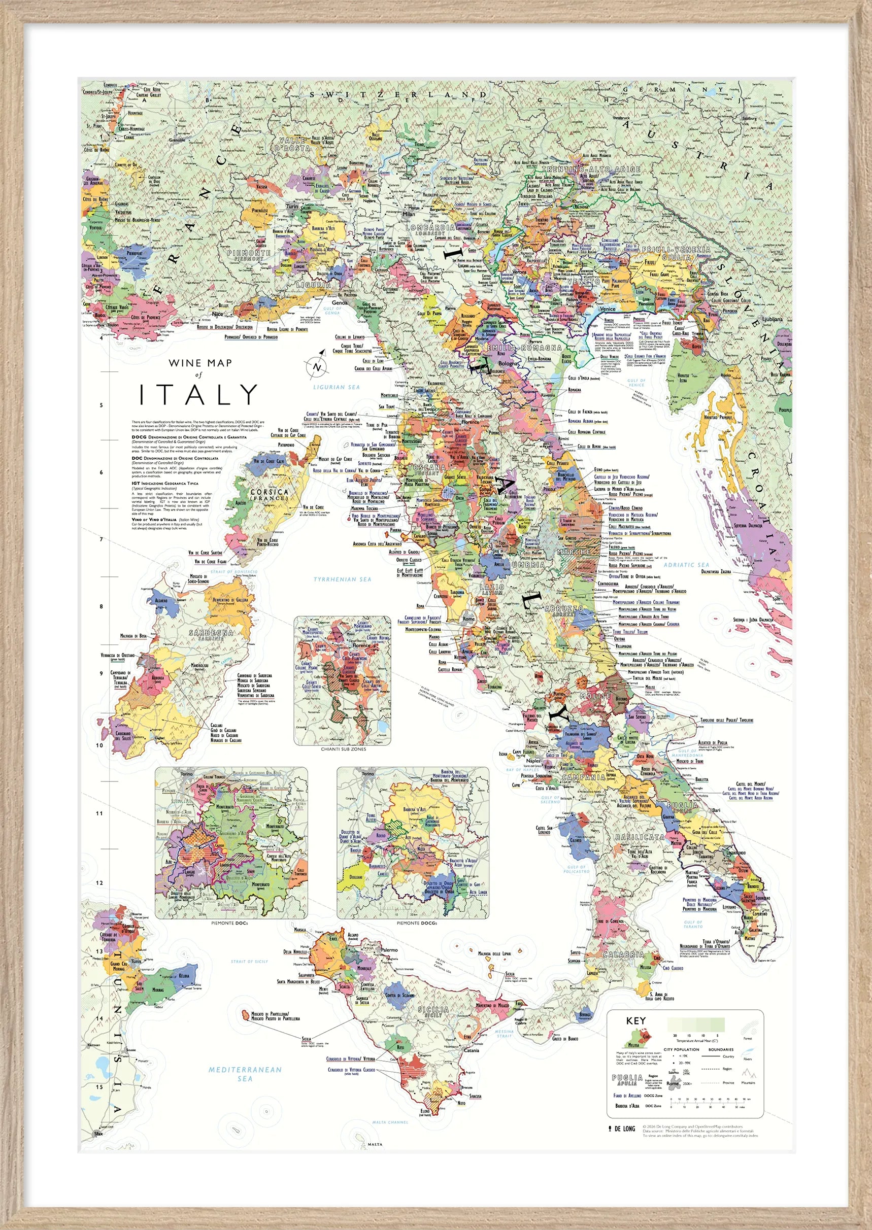 De Long Wine Map of Italy Framed highlights colorful DOC/DOCG wine regions with legend and labels.
