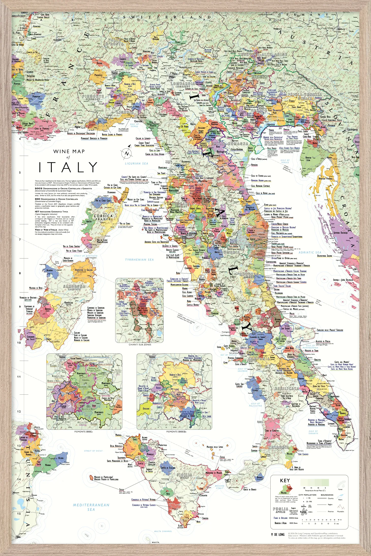 De Long Wine Map of Italy Framed shows color-coded DOC/DOCG regions with a clear legend, perfect for wine lovers.