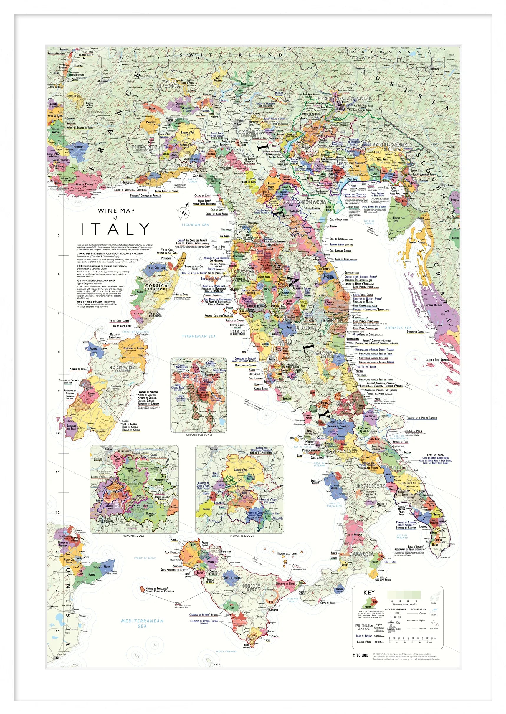 De Long Wine Map of Italy Framed displays Italian wine regions, color-coded with key at bottom right.