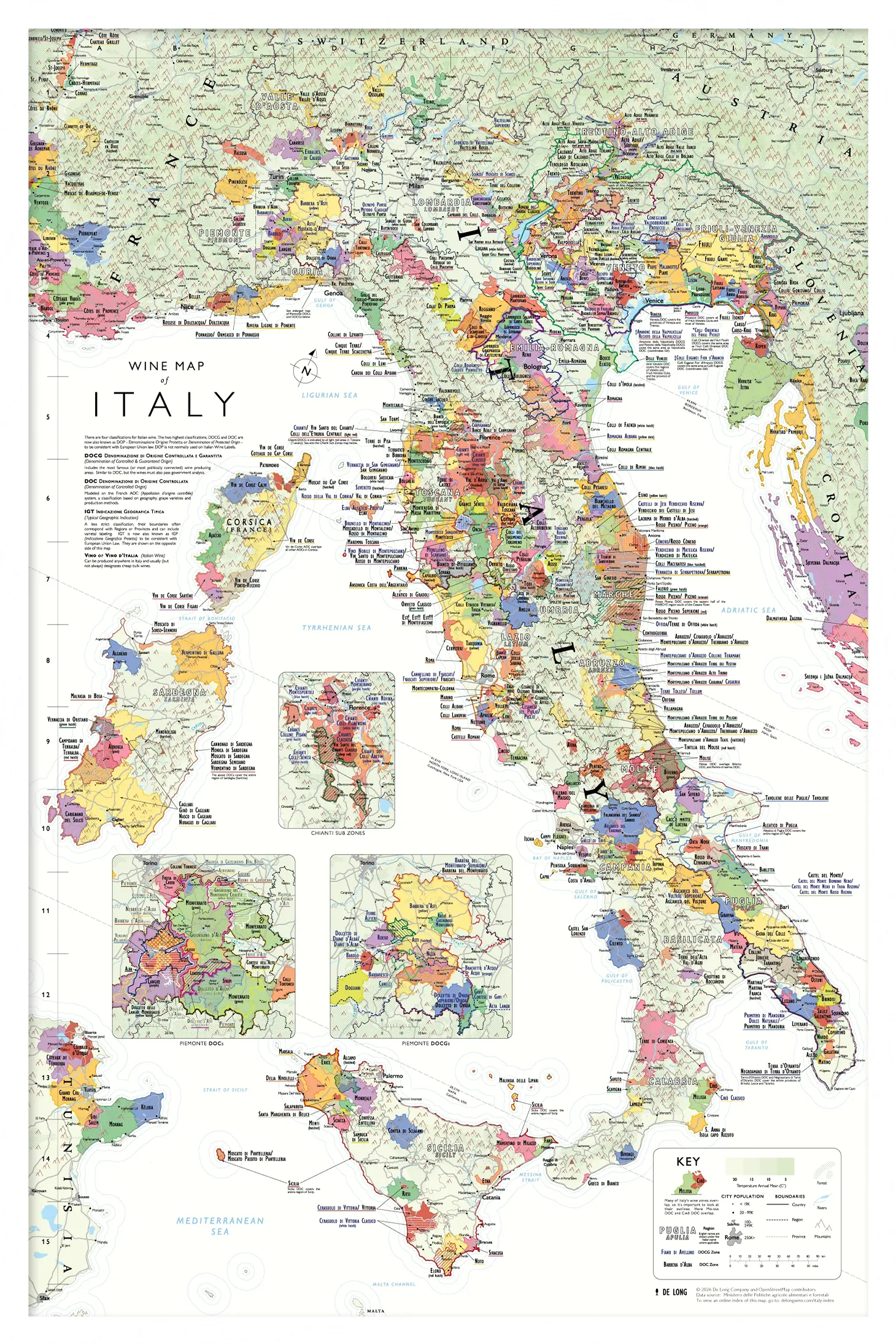 De Long’s Wine Map of Italy Framed highlights wine regions, appellations, and major cities in color.