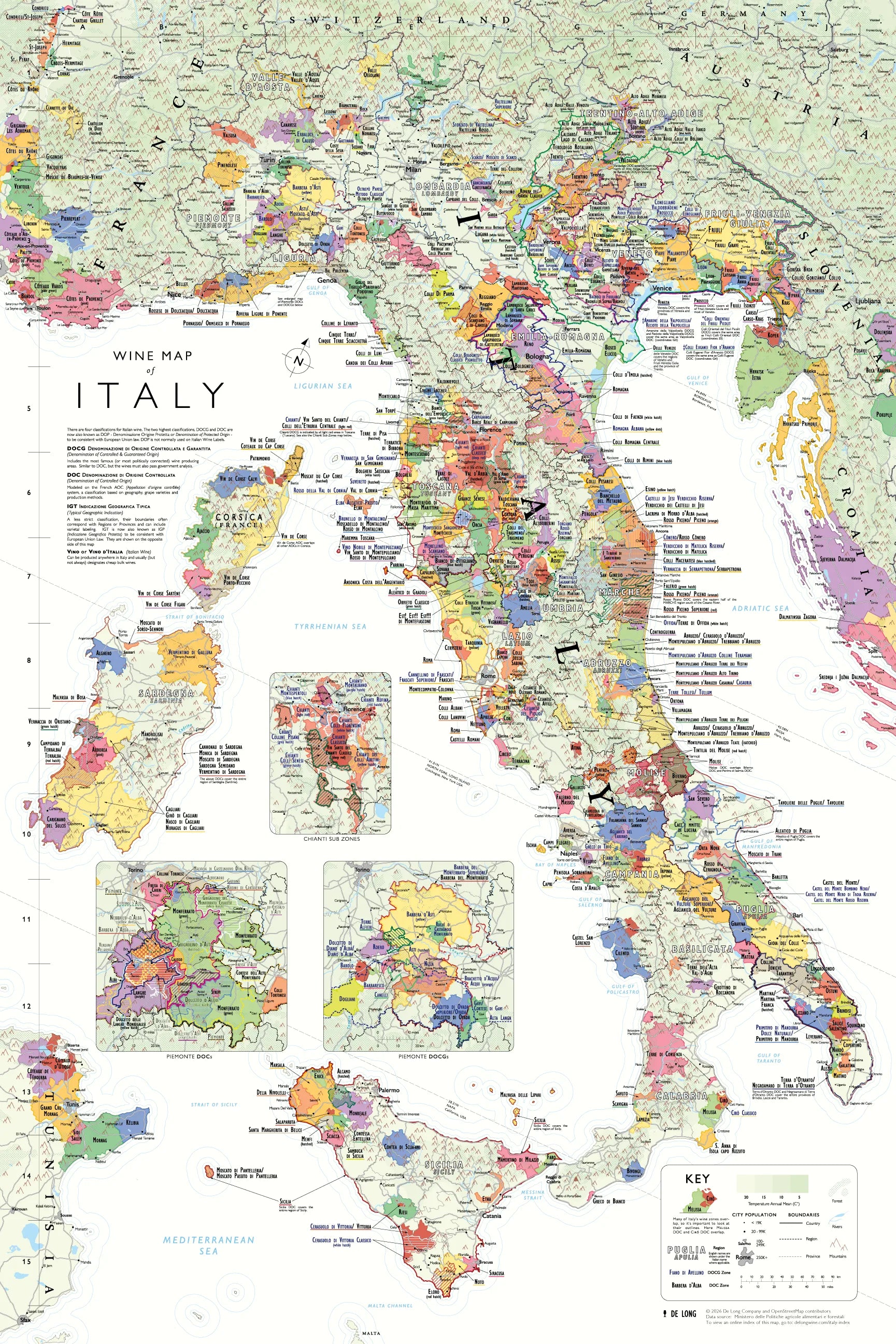 Wine Map of Italy displays the country's wine regions in color, naming regions, DOC/DOCG zones, cities, rivers, and featuring inset maps for islands. Includes legend and scale—a must-have for Italian wine lovers.