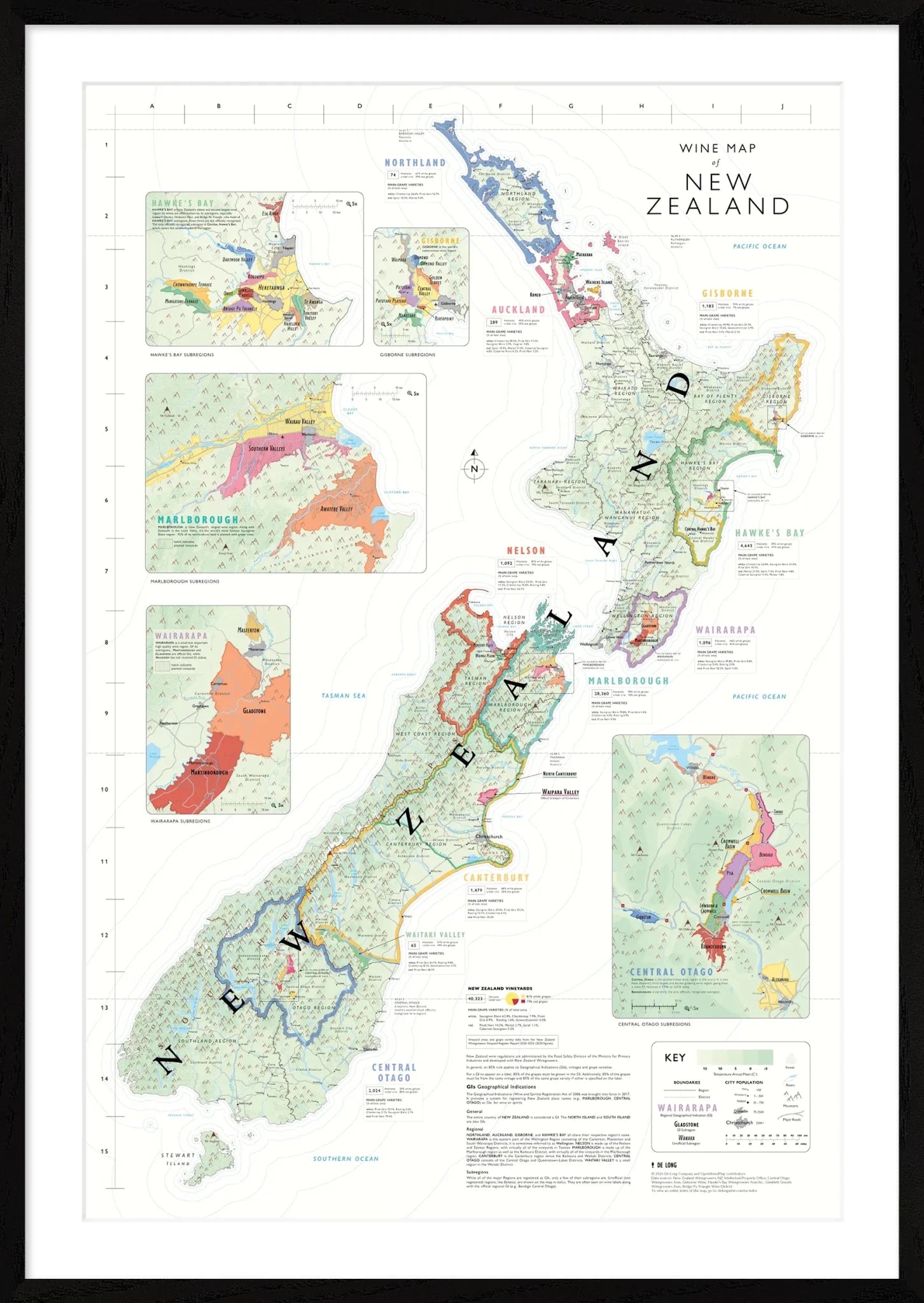 De Long Wine Map of New Zealand Framed shows key wine regions and vineyards—ready to hang.