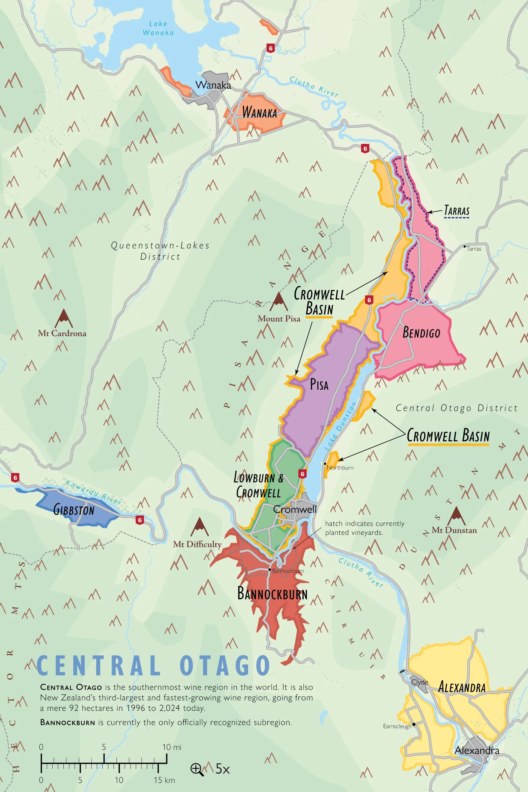 De Long Wine Map of New Zealand on premium matte paper, showing Central Otago's subregions, towns, rivers & mountains.
