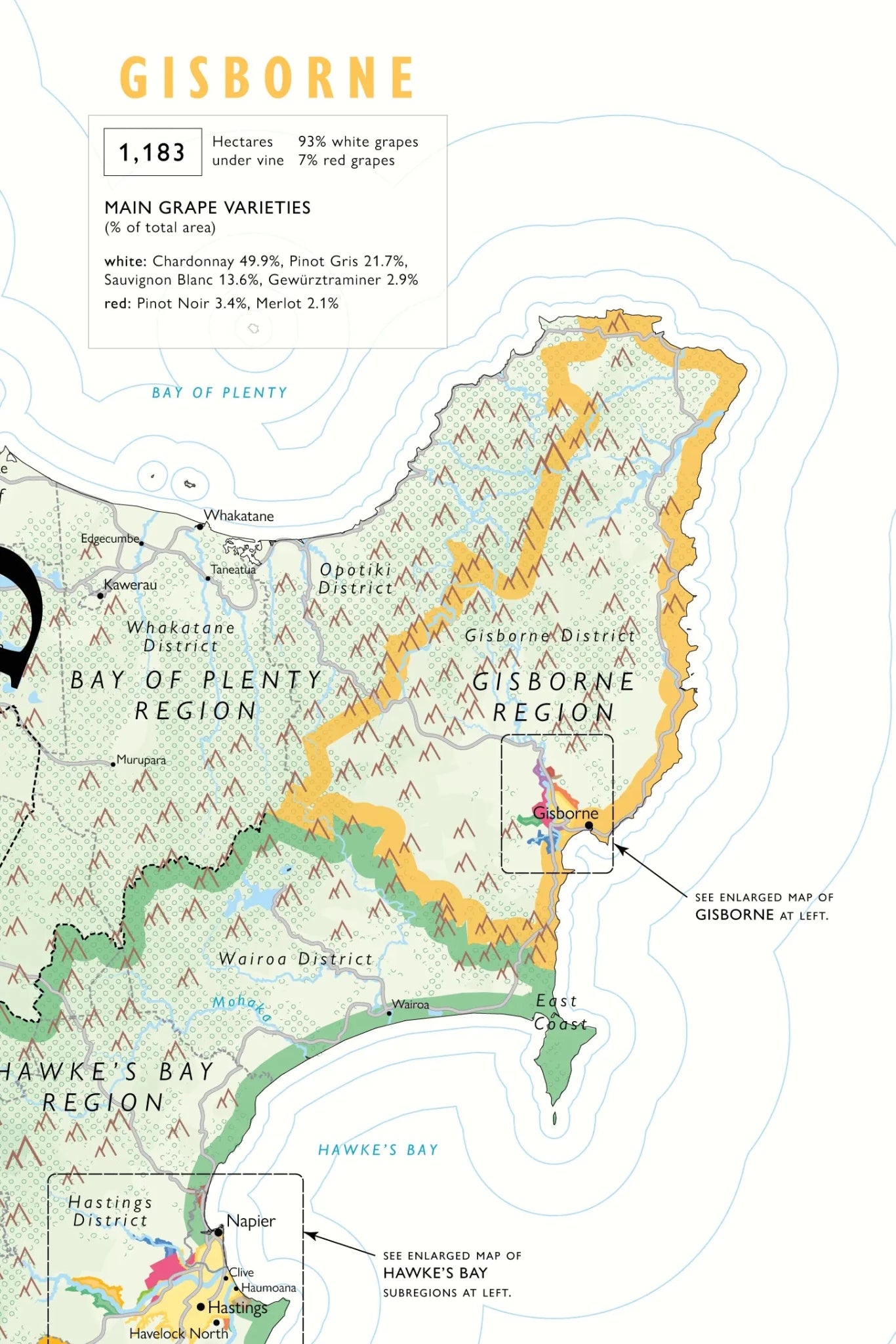 De Long Wine Map of New Zealand: Gisborne region, grape varieties &amp; vineyards in color on premium matte paper.