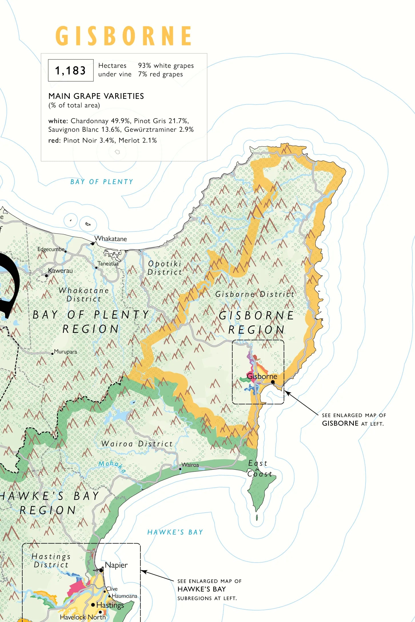 De Long Wine Map of New Zealand: Gisborne region, grape varieties &amp; vineyards in color on premium matte paper.