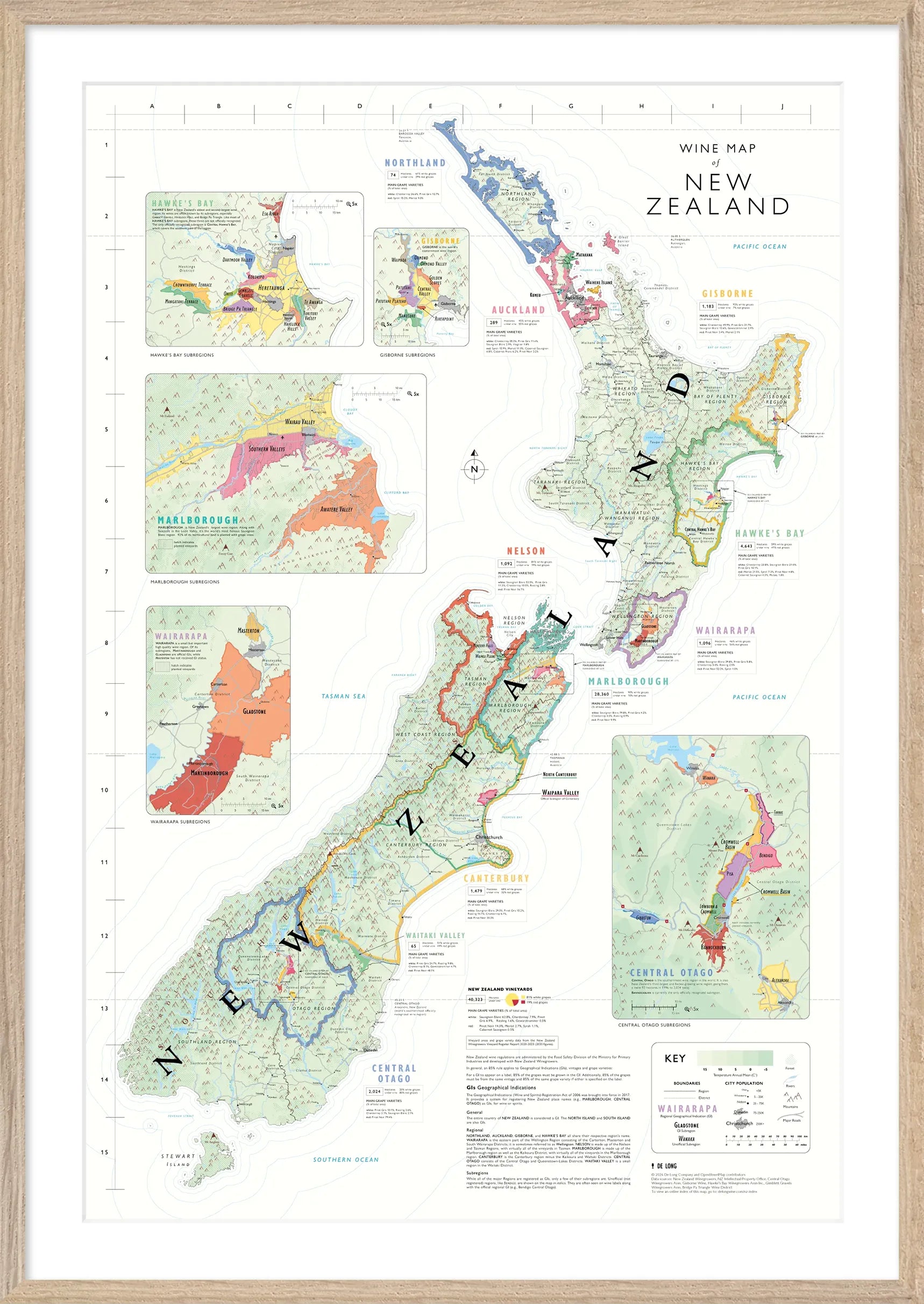 De Long Wine Map of New Zealand Framed—ready to hang, with main wine regions, insets, and key.