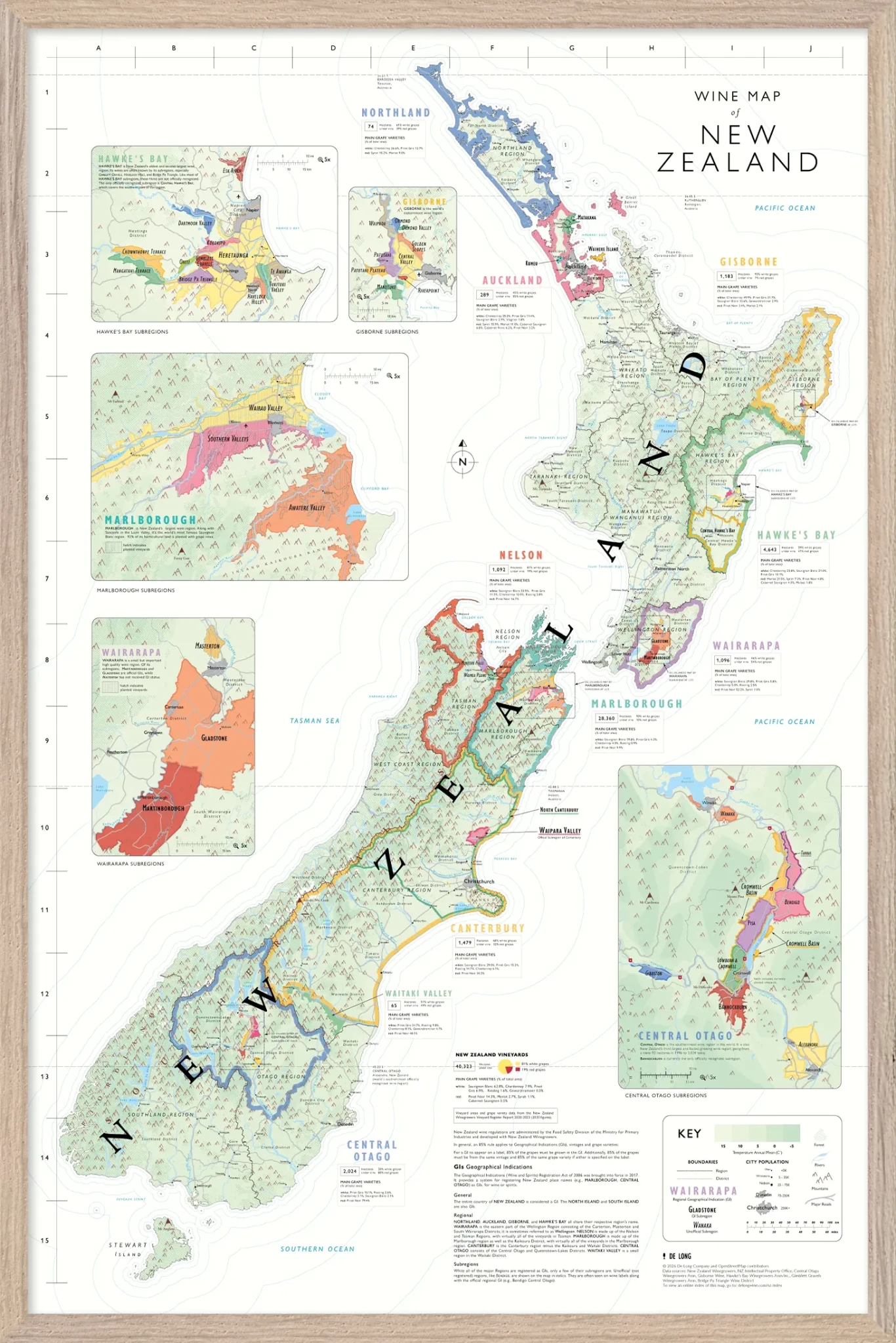 De Long's Wine Map of New Zealand Framed—wall-ready, shows wine regions, vineyards, and key growing areas.