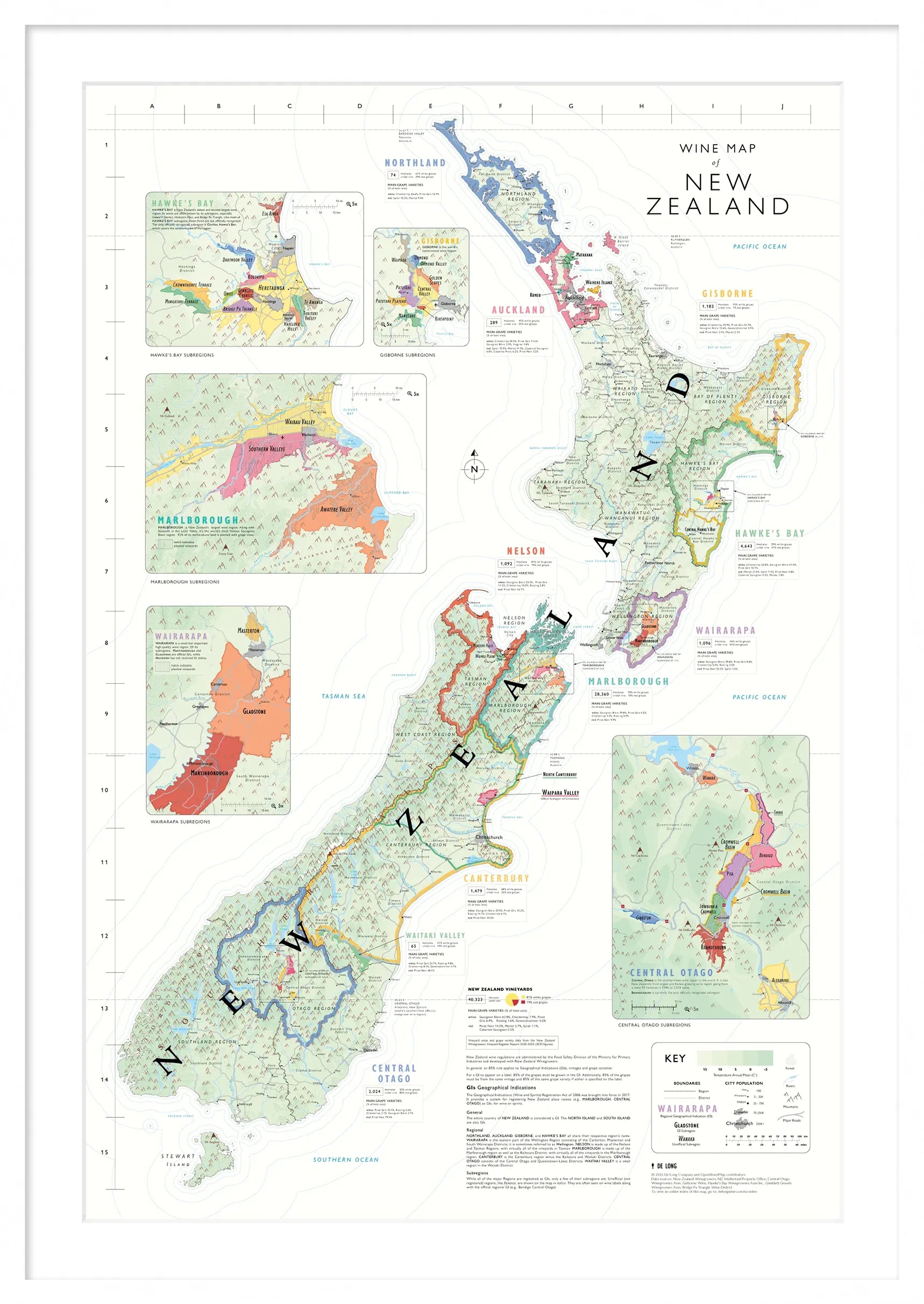 De Long Wine Map of New Zealand Framed, color-coded by region with insets, ready to hang.