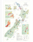 De Long Wine Map of New Zealand Framed, color-coded by region with insets, ready to hang.