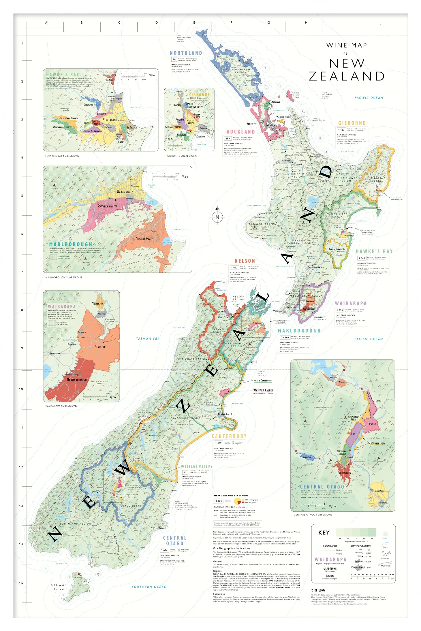 De Long Wine Map of New Zealand Framed, featuring major wine regions and insets, ready to hang.