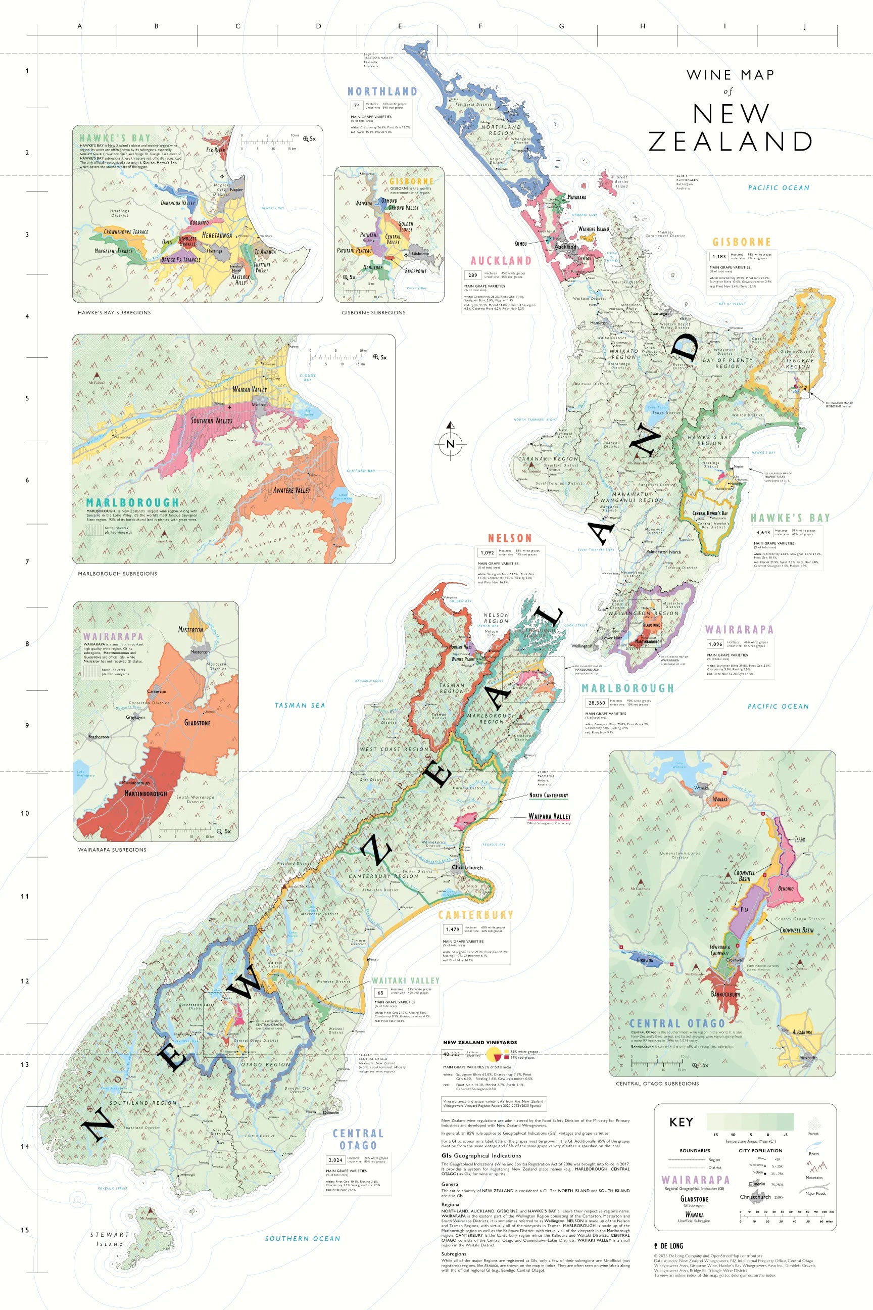 The Wine Map of New Zealand showcases wine regions, subregions, and key grape varieties across both islands, with inset maps of Marlborough, Central Otago, Gisborne, and other notable areas.