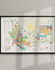 De Long's Wine Map of South Africa Framed hangs on a light wall, soft shadows highlighting its detailed regions.