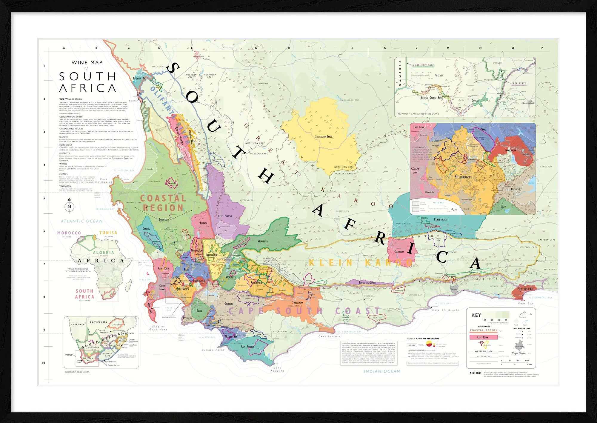 De Long Wine Map of South Africa Framed shows regions, boundaries, and a detailed Stellenbosch wine map inset.