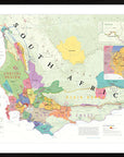 De Long Wine Map of South Africa Framed shows regions, boundaries, and a detailed Stellenbosch wine map inset.