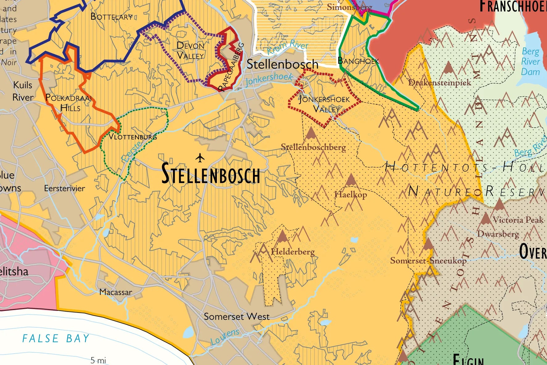 De Long Wine Map of South Africa shows Stellenbosch’s nature reserves, rivers, and nearby towns in vivid color.