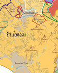 De Long Wine Map of South Africa shows Stellenbosch’s nature reserves, rivers, and nearby towns in vivid color.