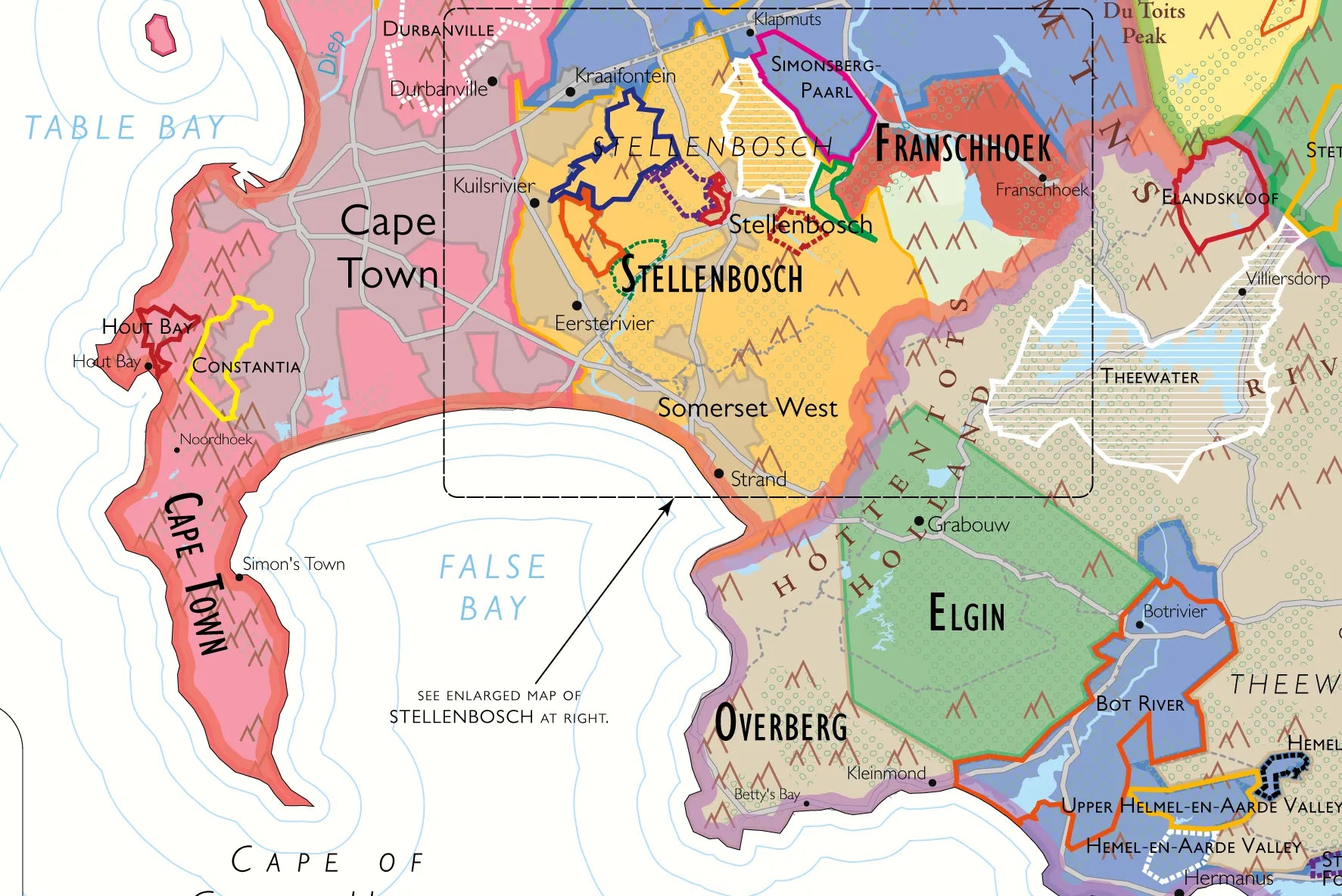 De Long Wine Map of South Africa highlights Stellenbosch, Franschhoek, Elgin, and Overberg near Cape Town.