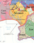 De Long Wine Map of South Africa highlights Stellenbosch, Franschhoek, Elgin, and Overberg near Cape Town.