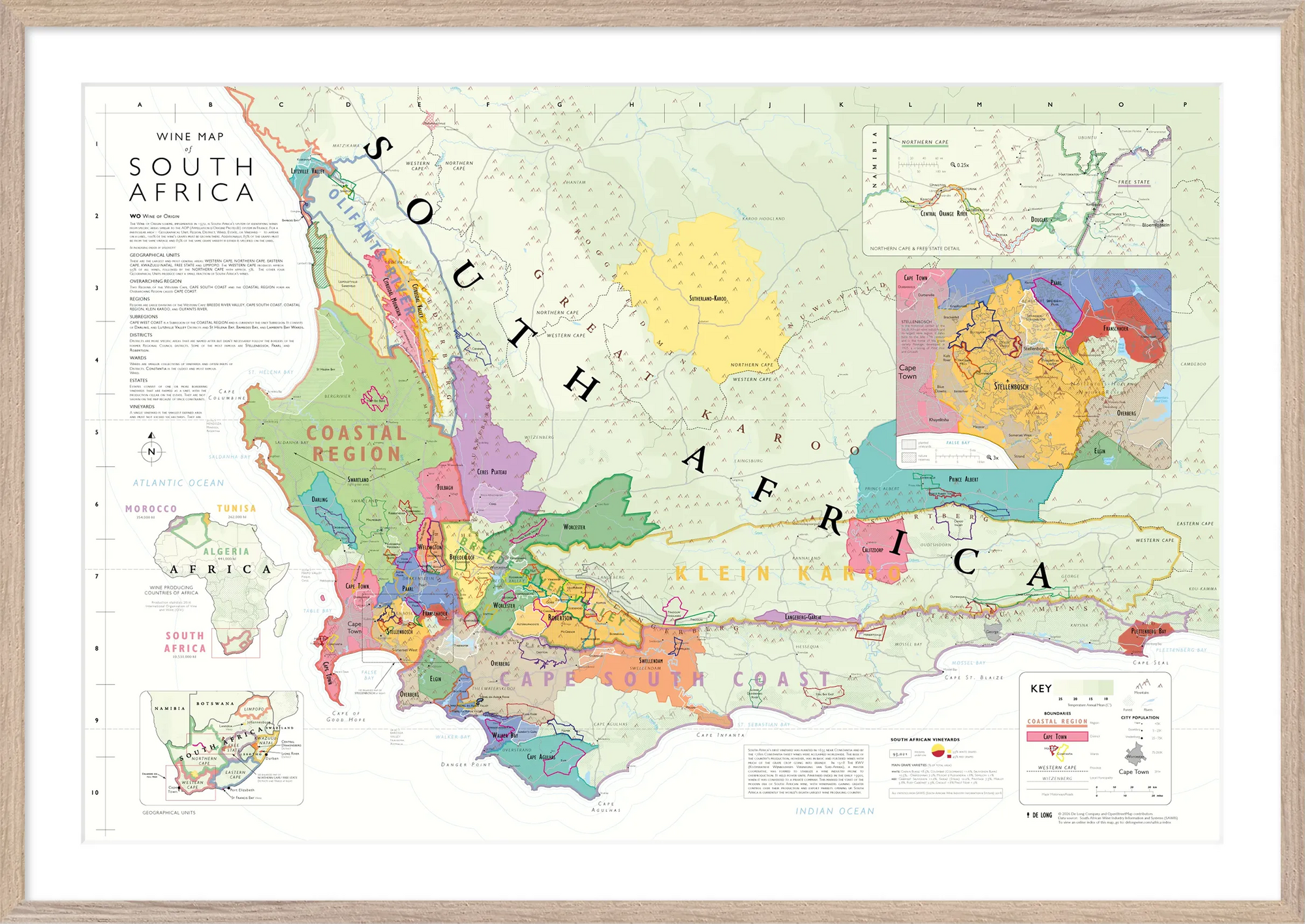 De Long Wine Map of South Africa Framed: features Stellenbosch, color-coded regions, and a detailed legend.