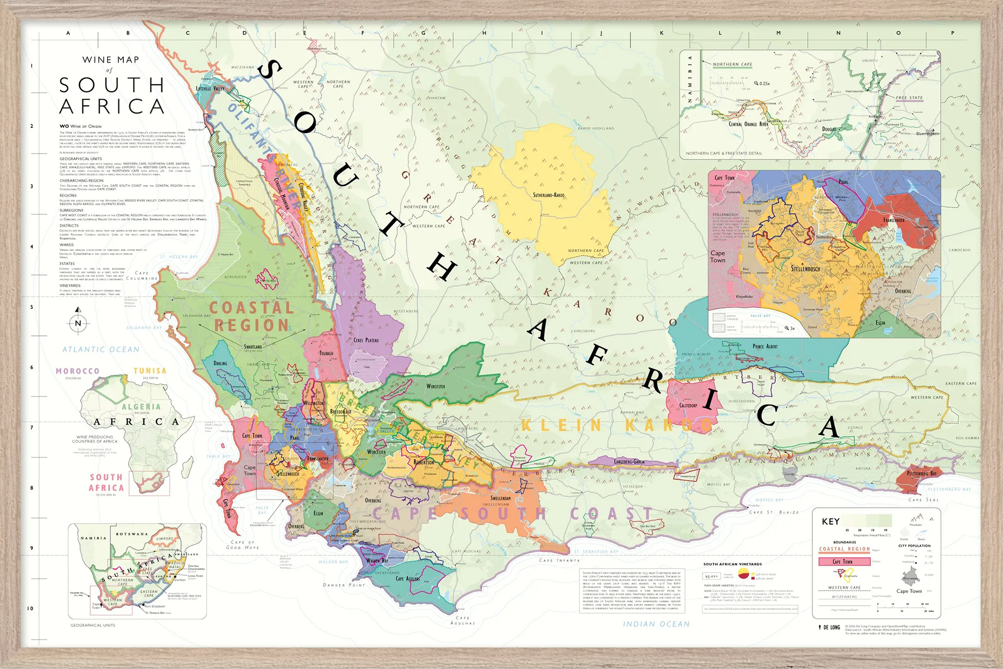 De Long Wine Map of South Africa Framed: detailed, color-coded regions with labels, boundaries, and inset maps.