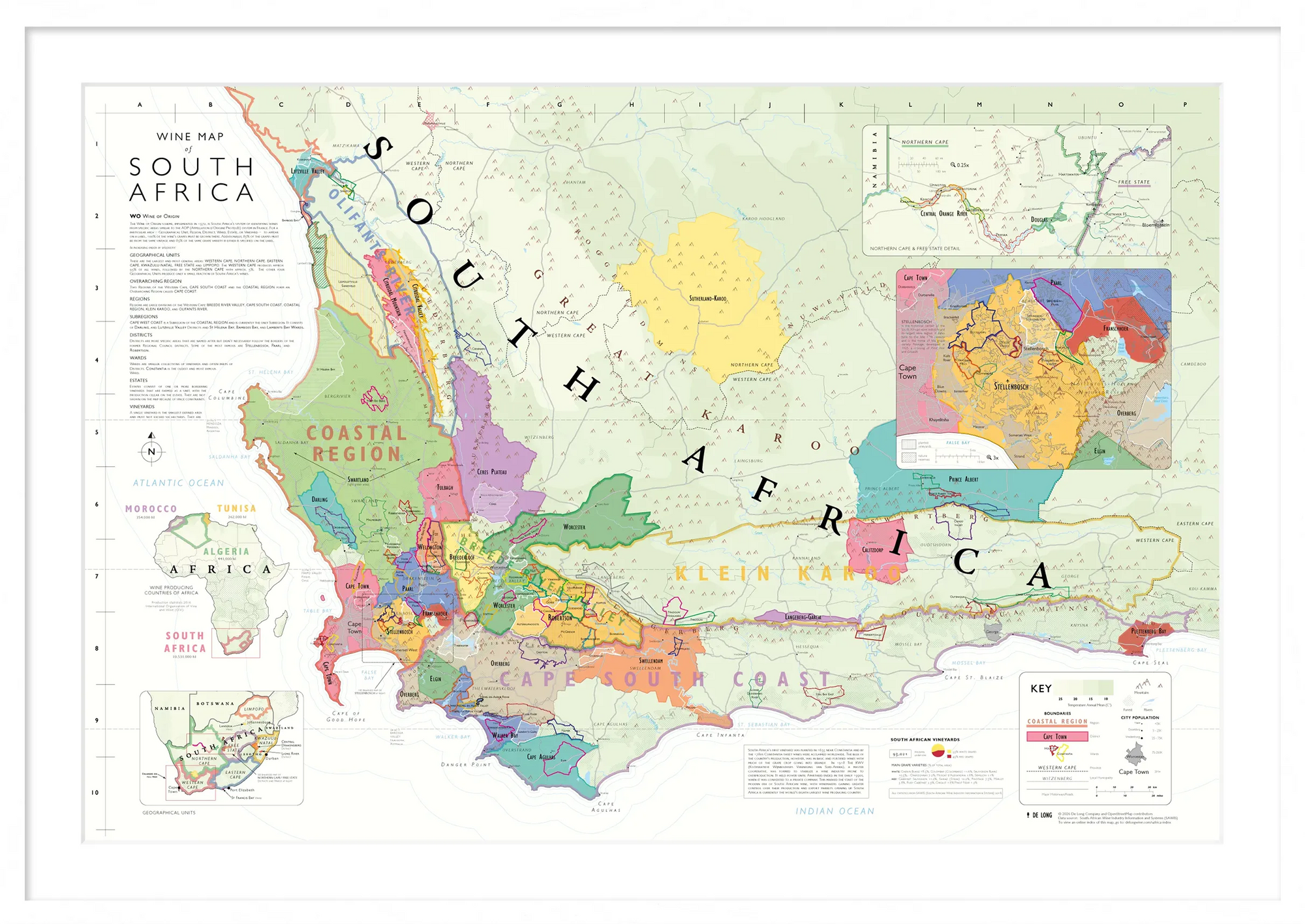De Long Wine Map of South Africa Framed shows detailed regions, districts, and colored markers.