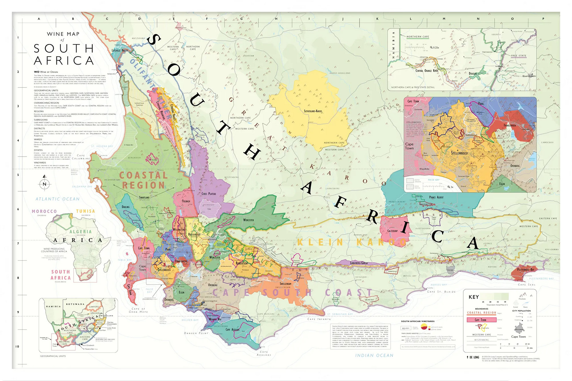 De Long Wine Map of South Africa Framed displays regions, colored areas, labels, and a Stellenbosch inset.