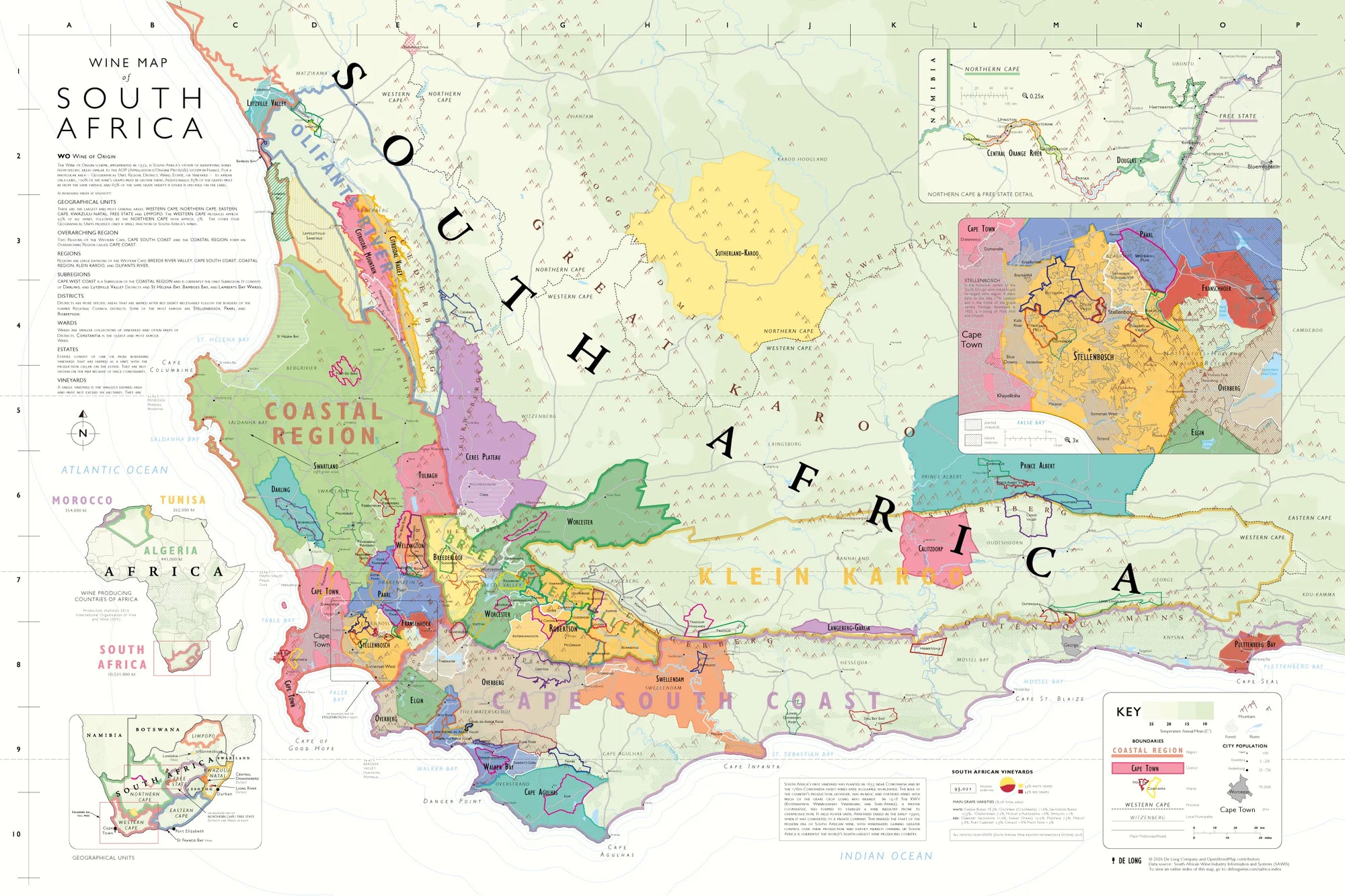 De Long Wine Map of South Africa shows regions and districts in color, with key, insets, and Stellenbosch details.