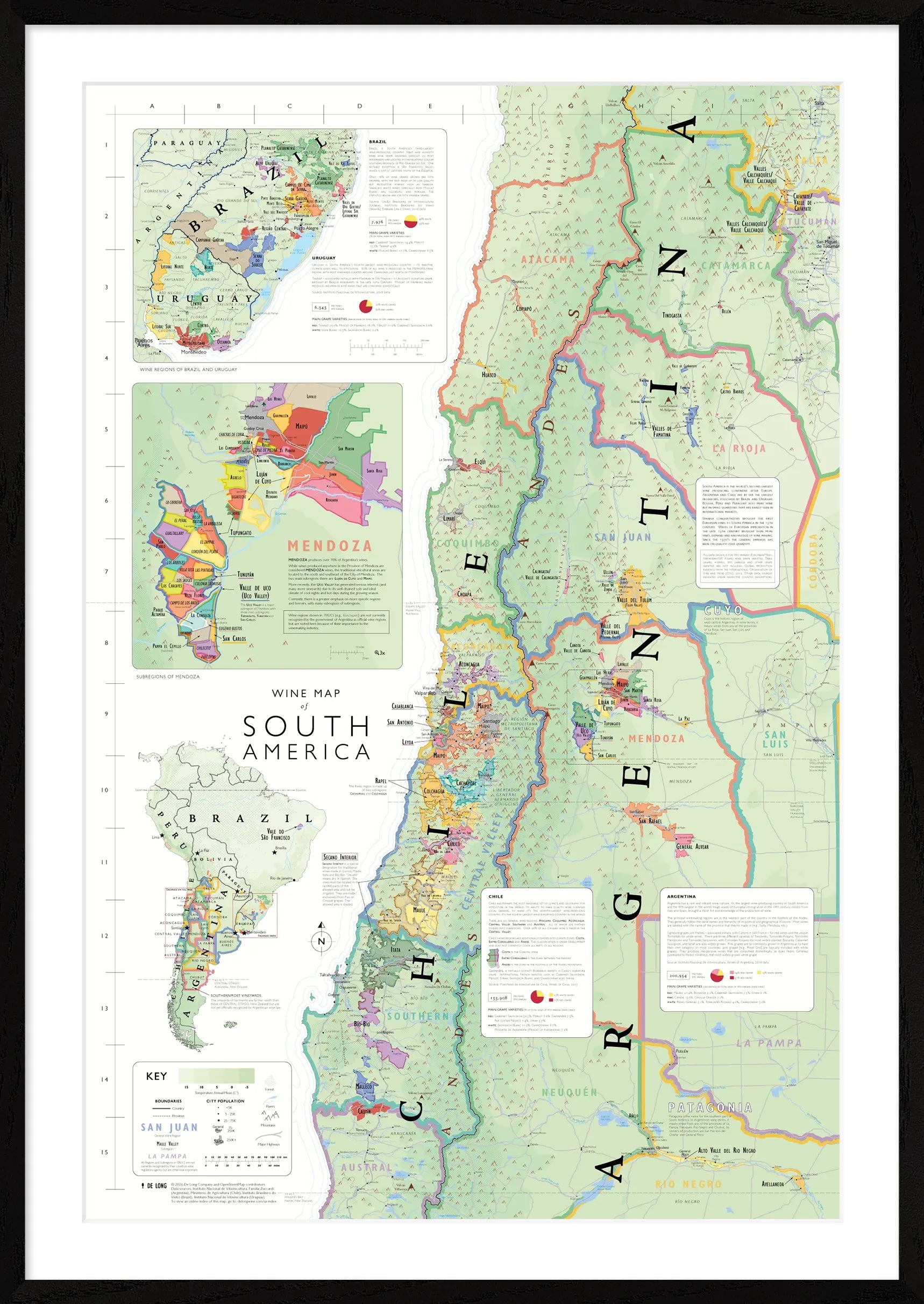 De Long Wine Map of South America Framed highlights wine regions in Argentina, Chile, Uruguay &amp; Brazil with vivid detail.