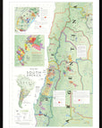 De Long Wine Map of South America Framed highlights wine regions in Argentina, Chile, Uruguay & Brazil with vivid detail.