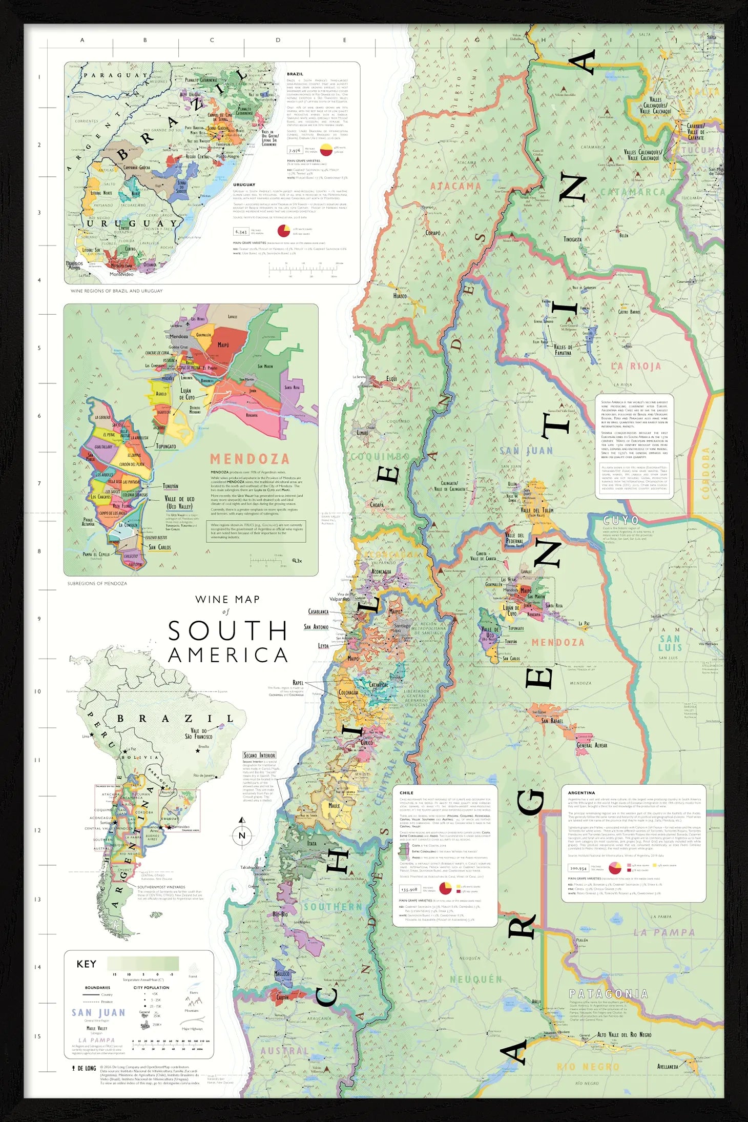 De Long Wine Map of South America Framed shows wine regions in Argentina, Chile, Uruguay, and Brazil with a Mendoza inset.