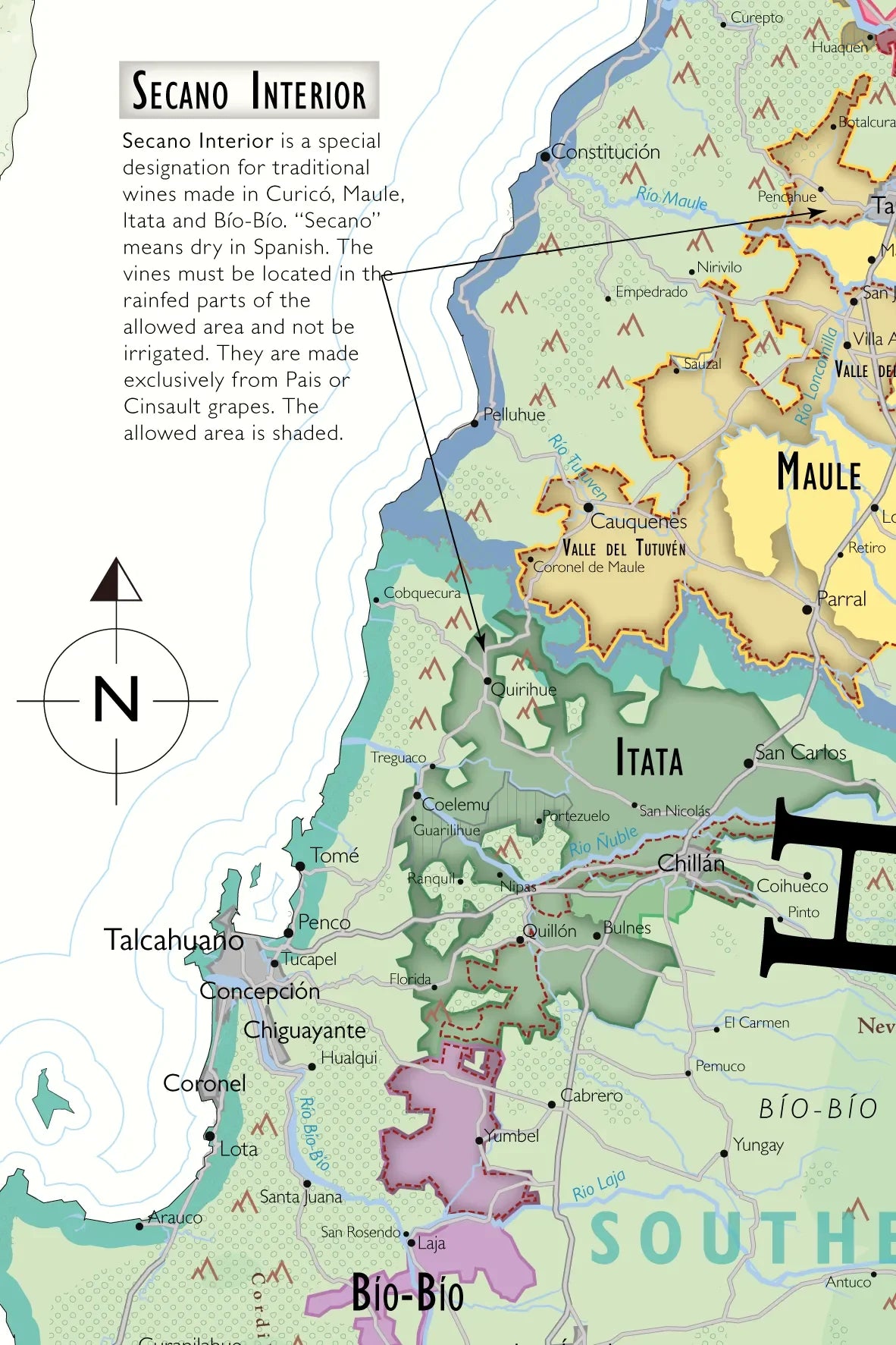 De Long’s Wine Map of South America shows Chilean regions, highlighting Secano Interior and key grape varieties.