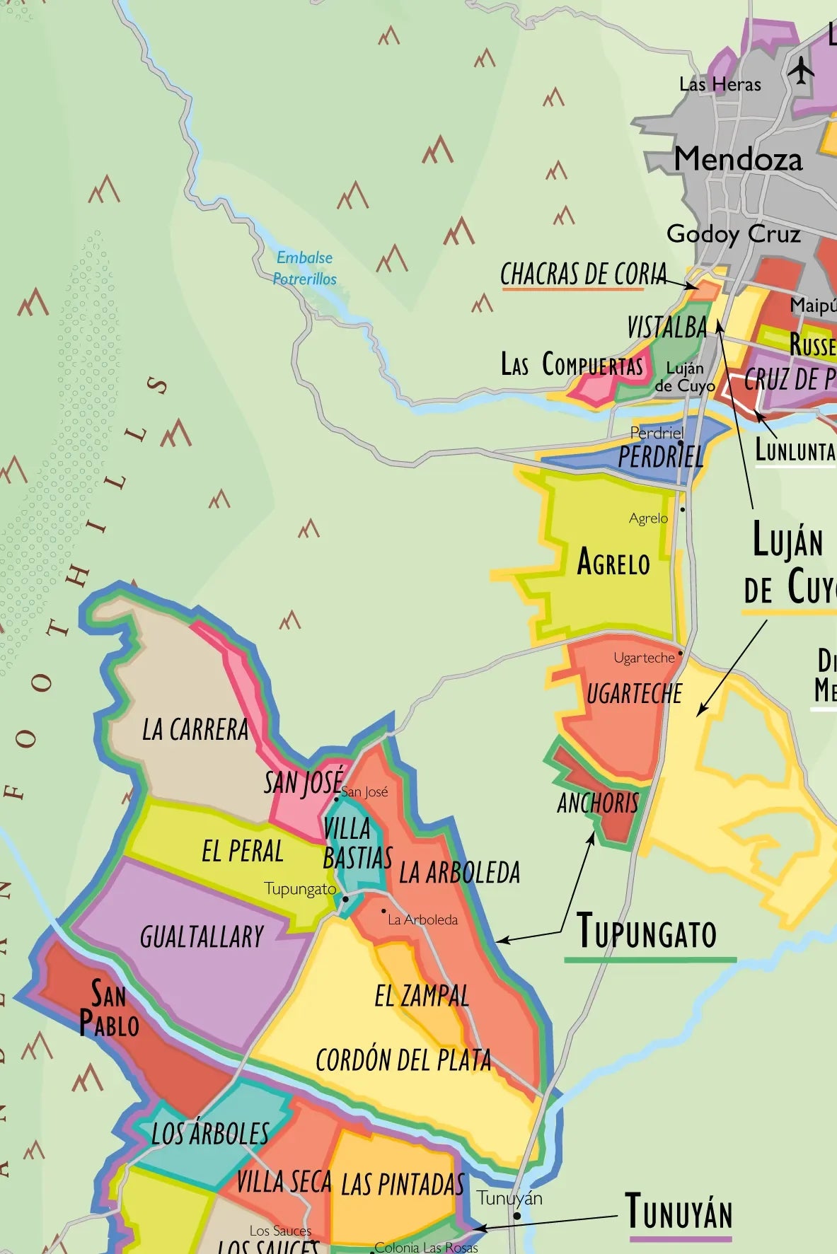 De Long’s Wine Map of South America features colorful labeled subzones, towns, and bold borders for key wine regions.