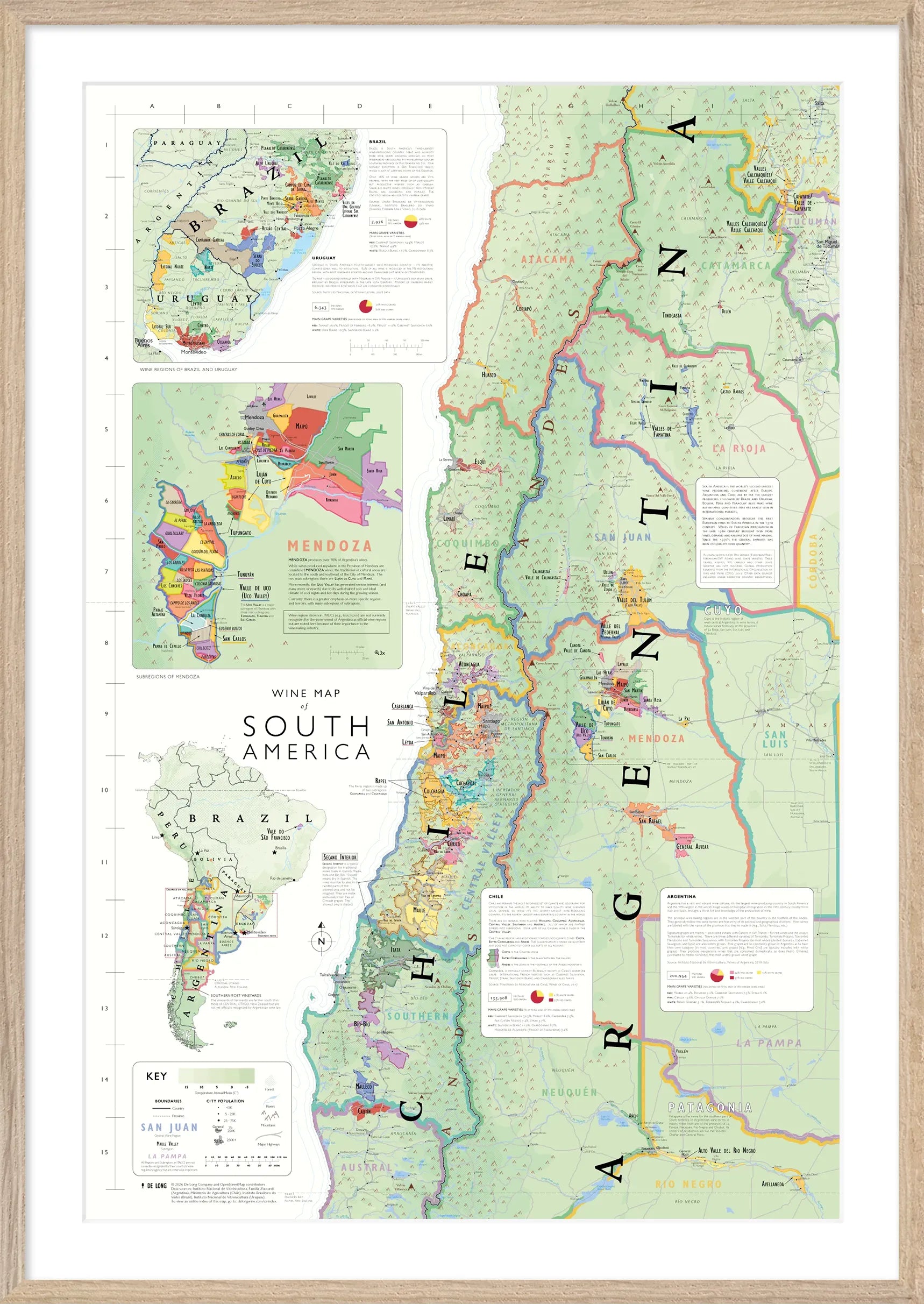 De Long Wine Map of South America Framed showcases wine regions in Argentina, Chile, Uruguay &amp; Brazil with detailed insets.