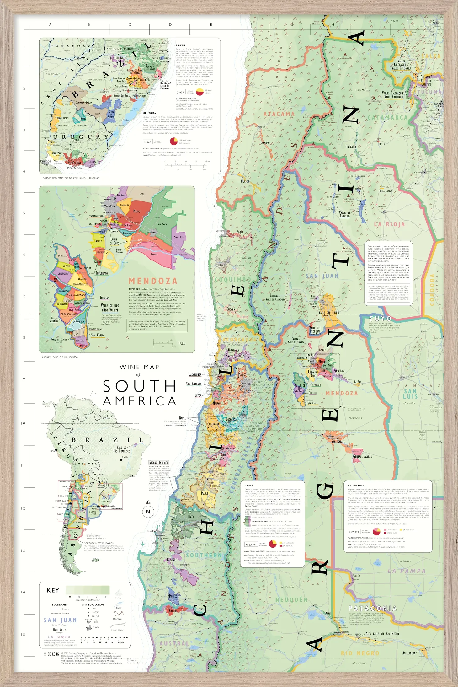 De Long Wine Map of South America Framed highlights wine regions and vineyards in Argentina, Chile, Uruguay, and Brazil.