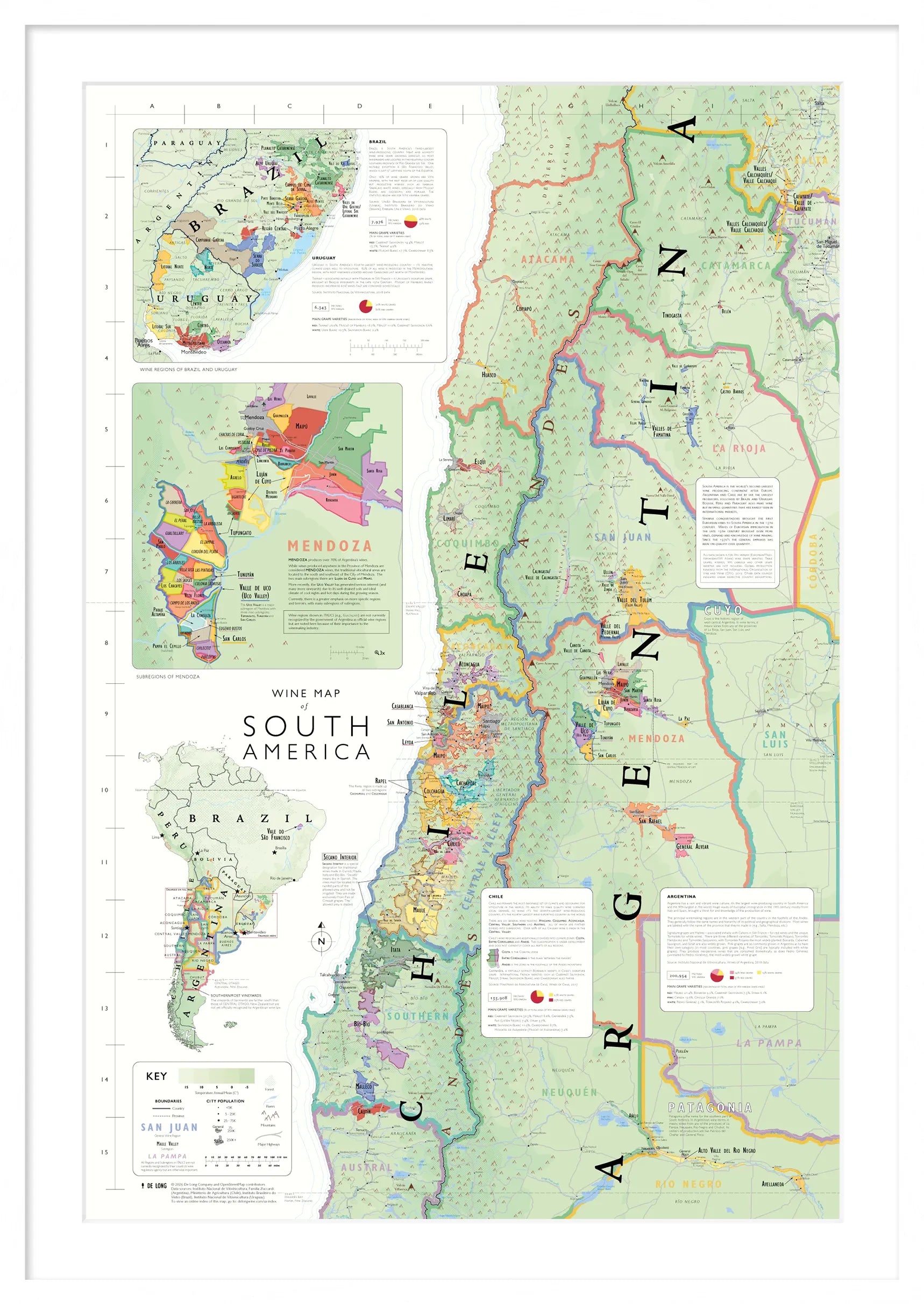 De Long Wine Map of South America Framed shows Argentina, Chile, Uruguay &amp; Brazil wine regions with insets and legend.