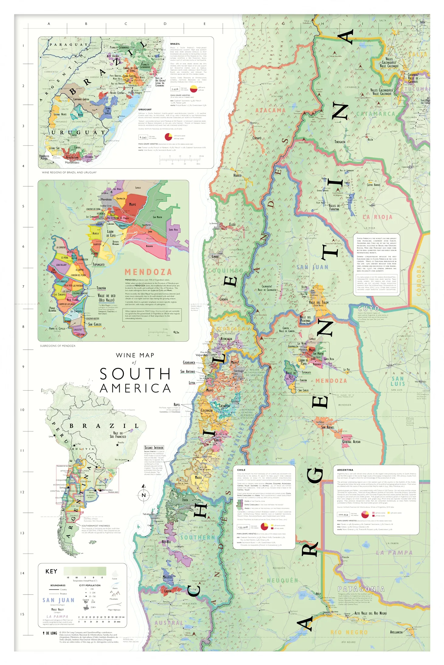 De Long Wine Map of South America Framed showing Argentina, Chile &amp; Mendoza wine regions with detailed vineyards.