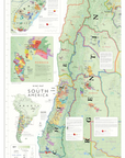 De Long Wine Map of South America Framed showing Argentina, Chile & Mendoza wine regions with detailed vineyards.