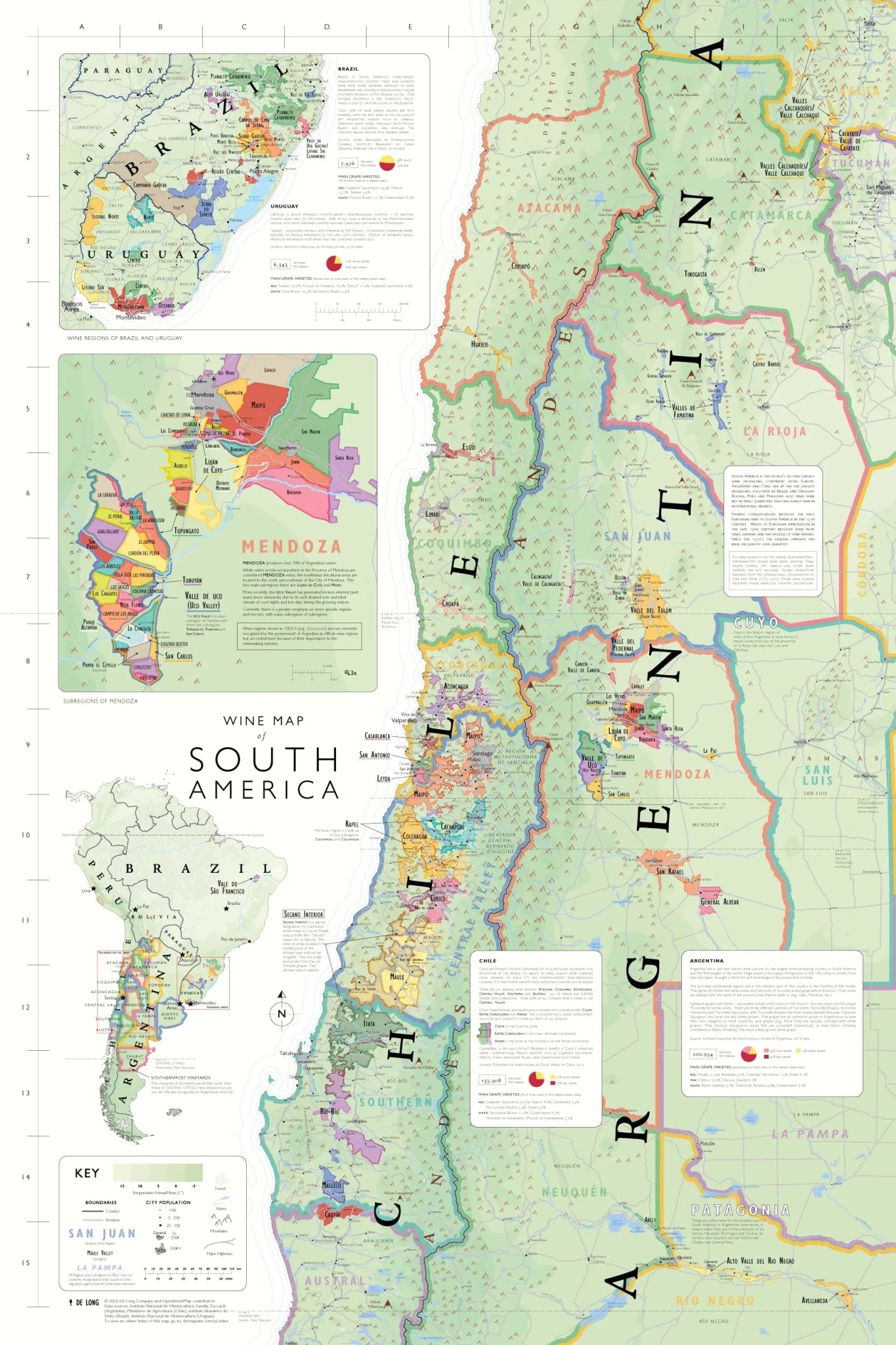 The Wine Map of South America features major wine regions in Argentina, Chile, and southern Brazil, inset maps of Mendoza, and a key for wine types, elevation, climate zones, and region boundaries.
