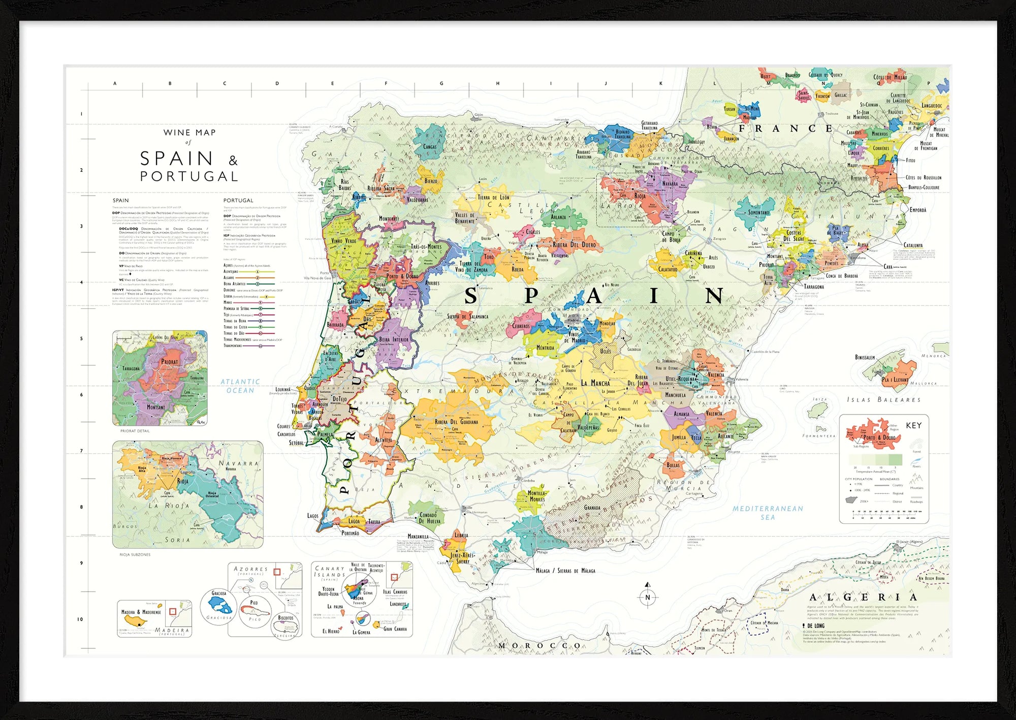The De Long Wine Map of Spain & Portugal Framed, 24x36", features regions, labels, and vibrant geography.