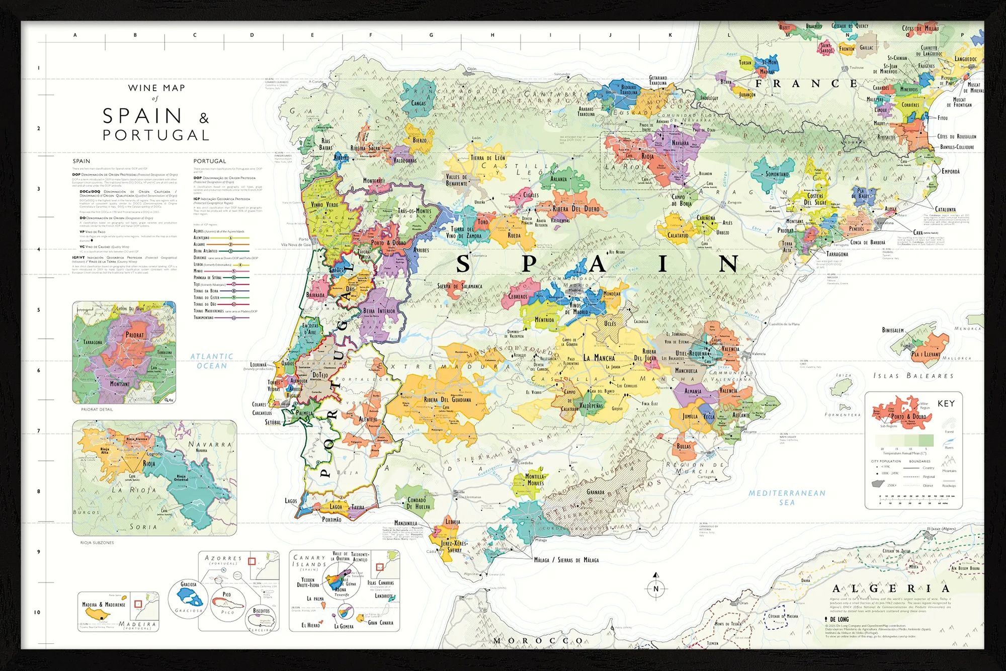 De Long Wine Map of Spain & Portugal Framed, 24x36", shows wine regions, cities & neighboring countries.