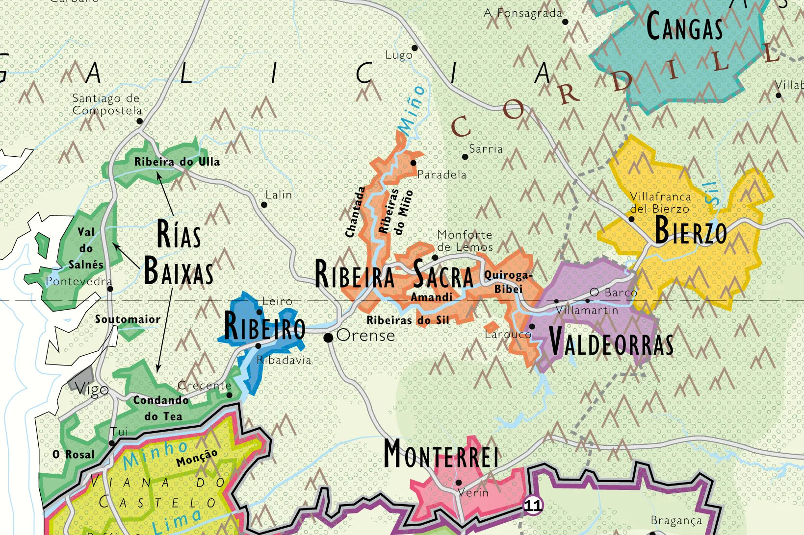 De Long’s Wine Map of Spain &amp; Portugal highlights premium northwest regions like Rías Baixas and Ribeiro.