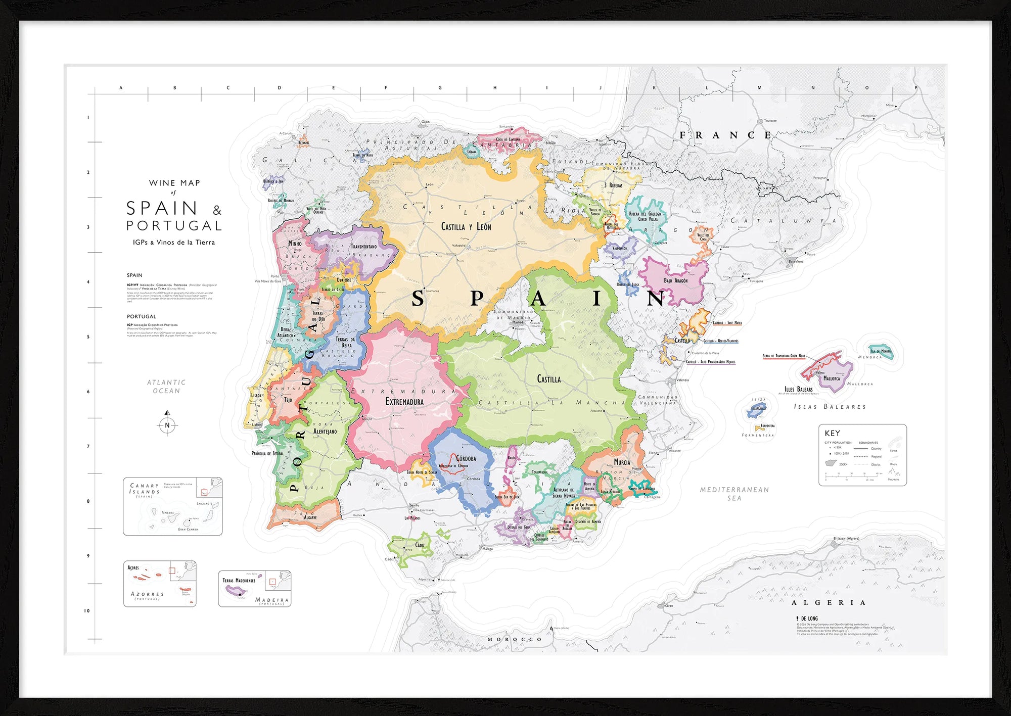 De Long Wine Map of Spain &amp; Portugal IGPs Framed shows wine regions, IGPs, and cities in color on white.