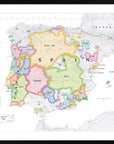 De Long Wine Map of Spain & Portugal IGPs Framed shows wine regions, IGPs, and cities in color on white.
