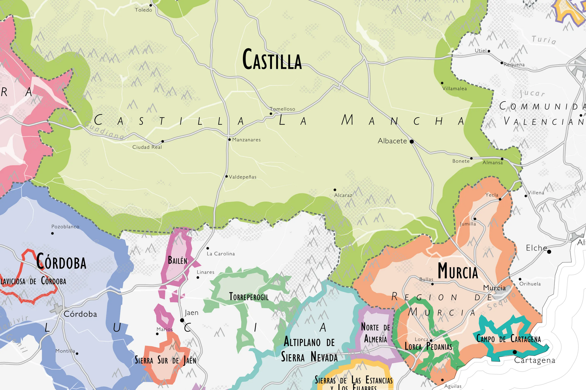 De Long’s Wine Map of Spain &amp; Portugal IGPs shows Castilla-La Mancha and borders with Córdoba and Murcia.