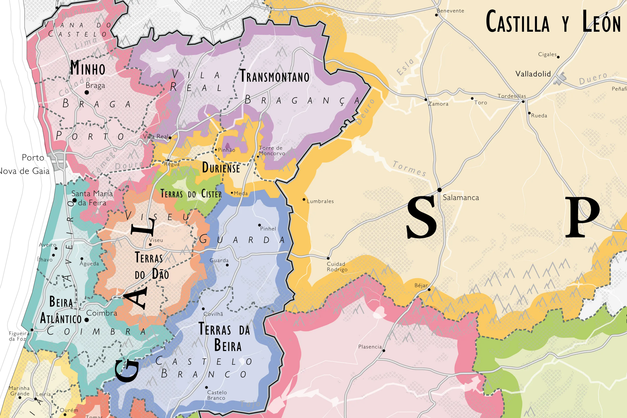 De Long Wine Map of Spain &amp; Portugal IGPs shows northwestern Spain, northern Portugal, and IGP region borders.